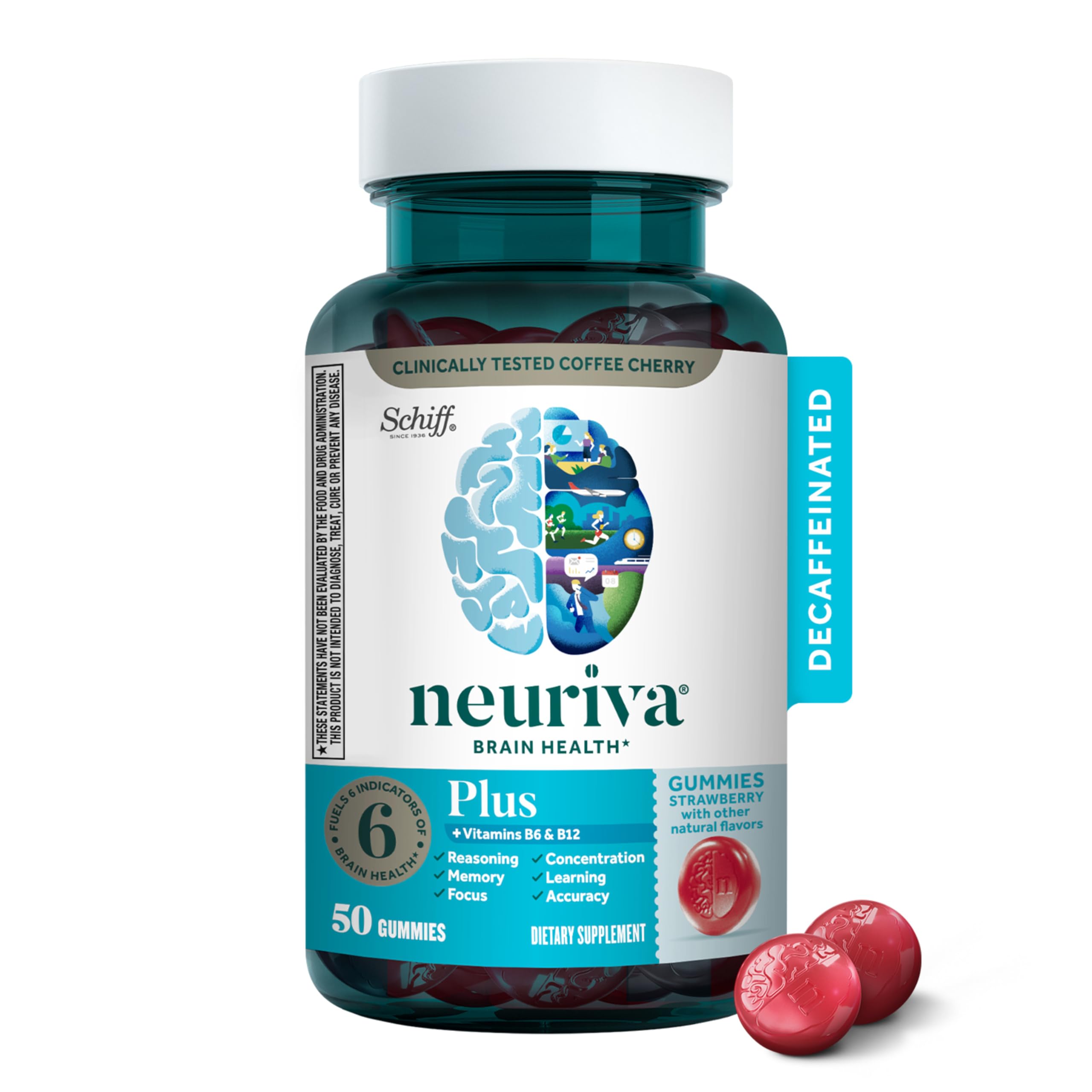 NEURIVA Plus Decaffeinated Nootropic Brain Supplement for Memory, Focus & Concentration & Cognitive Function, Clinically Tested NeuroFactor, Phosphatidylserine, Vitamins B6 B12,50ct Strawberry Gummies NEURIVAAu supplements