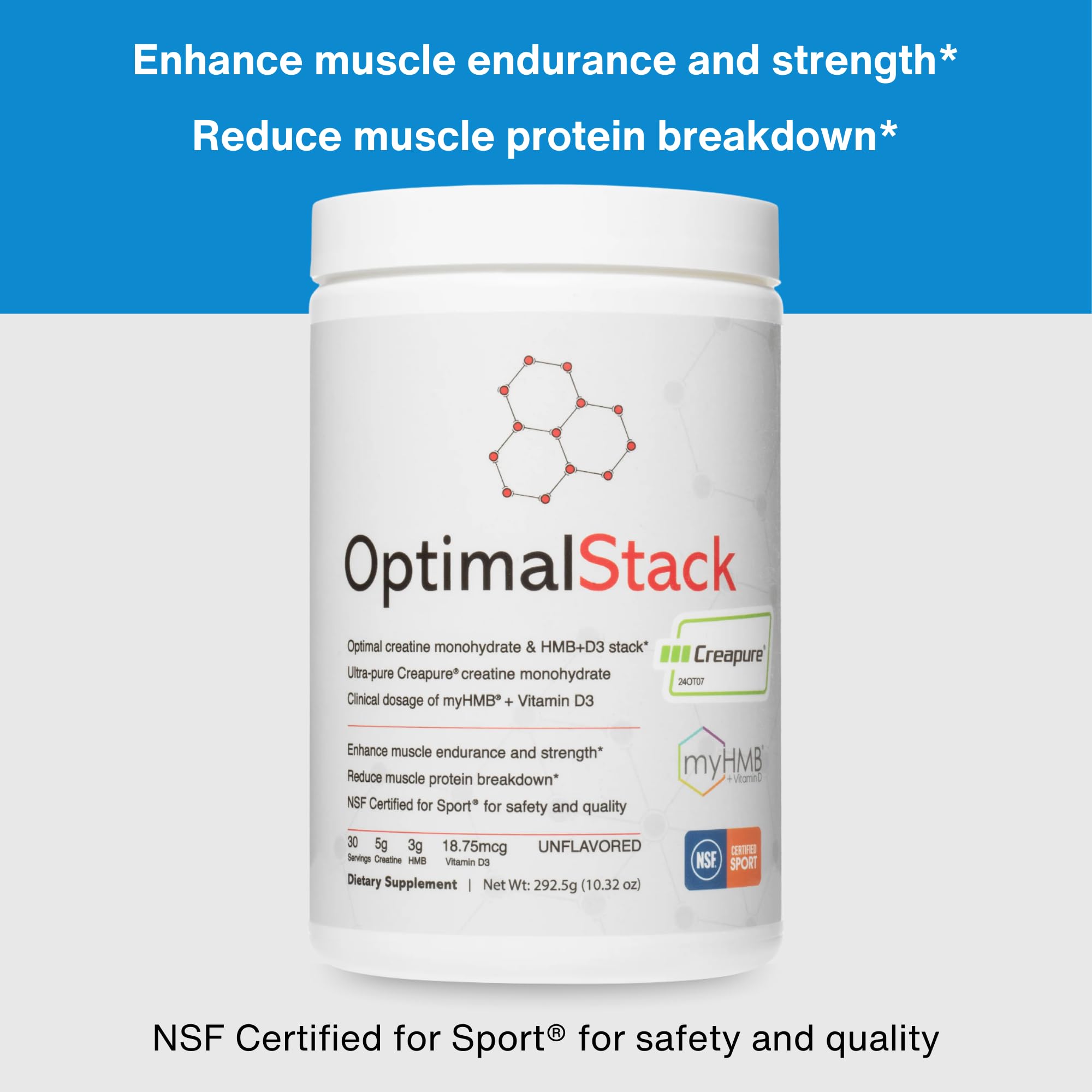 OptimalStack Creatine Monohydrate, HMB, & Vitamin D3 Stack | with Creapure Creatine, Clinical Dosage of myHMB, and Vitamin D3 | NSF for Sport Certified | Unflavored, 30 Servings OptimalAminoAu supplements