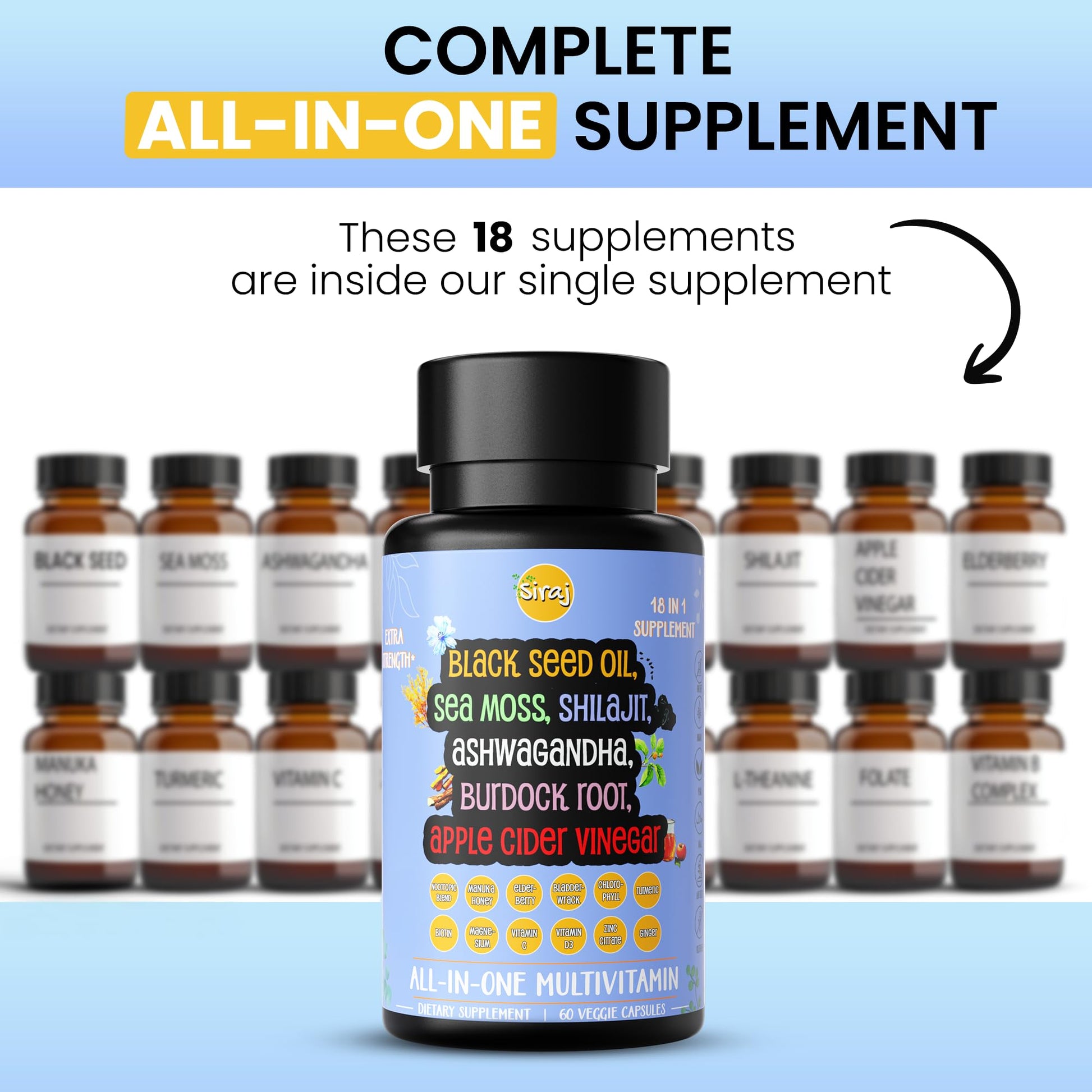 Siraj 18-in-1 Superfood Multivitamin - Irish Sea Moss, Black Seed Oil, Shilajit, Ashwagandha, 5% Thymoquinone, Burdock Root, Nootropic Supplement for Immunity, Focus, Energy and Mood - 60 Capsules SirajAu supplements