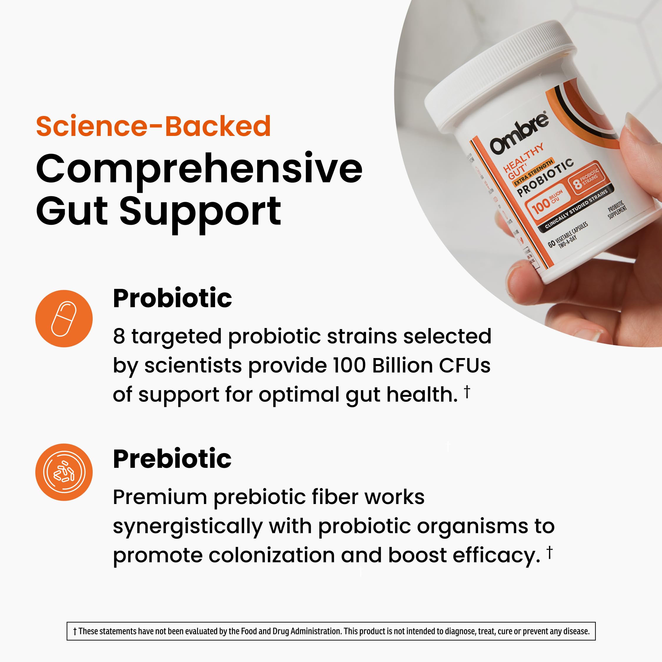 Ombre Healthy Gut Probiotics for Digestive Health 100 Billion CFU - Prebiotics and Probiotics for Women & Men with Lactobacillus Acidophilus & Digestive Enzymes, Gut Health Support, Vegan, 30 Servings OmbreAu supplements