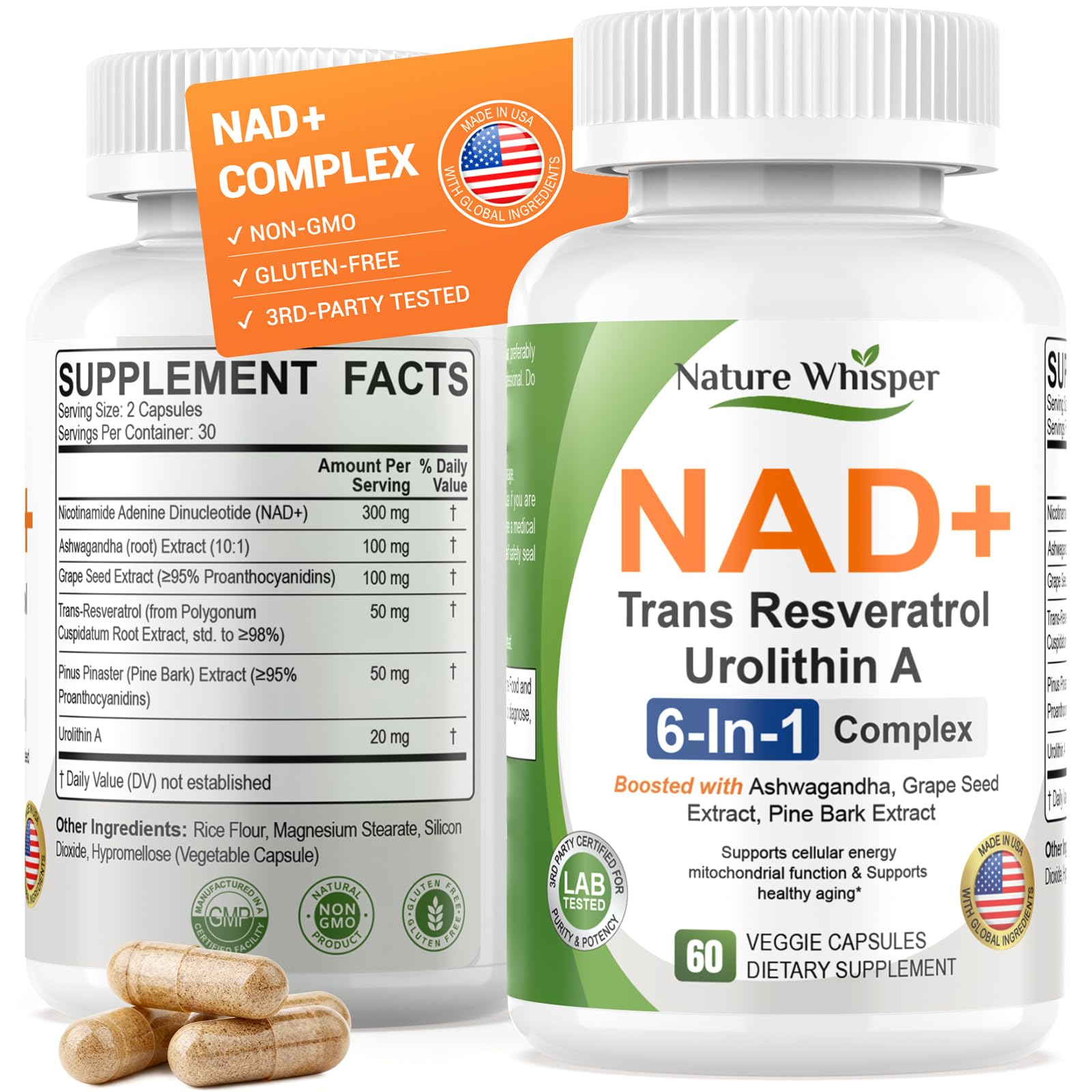 Nature Whisper NAD+ Supplement 620mg | 6-in-1 Complex with Resveratrol, Ashwagandha & Urolithin A - Daily Energy Stack for Focus, Brain Fog & Healthy Aging - 60 Capsules Nature WhisperAu supplements