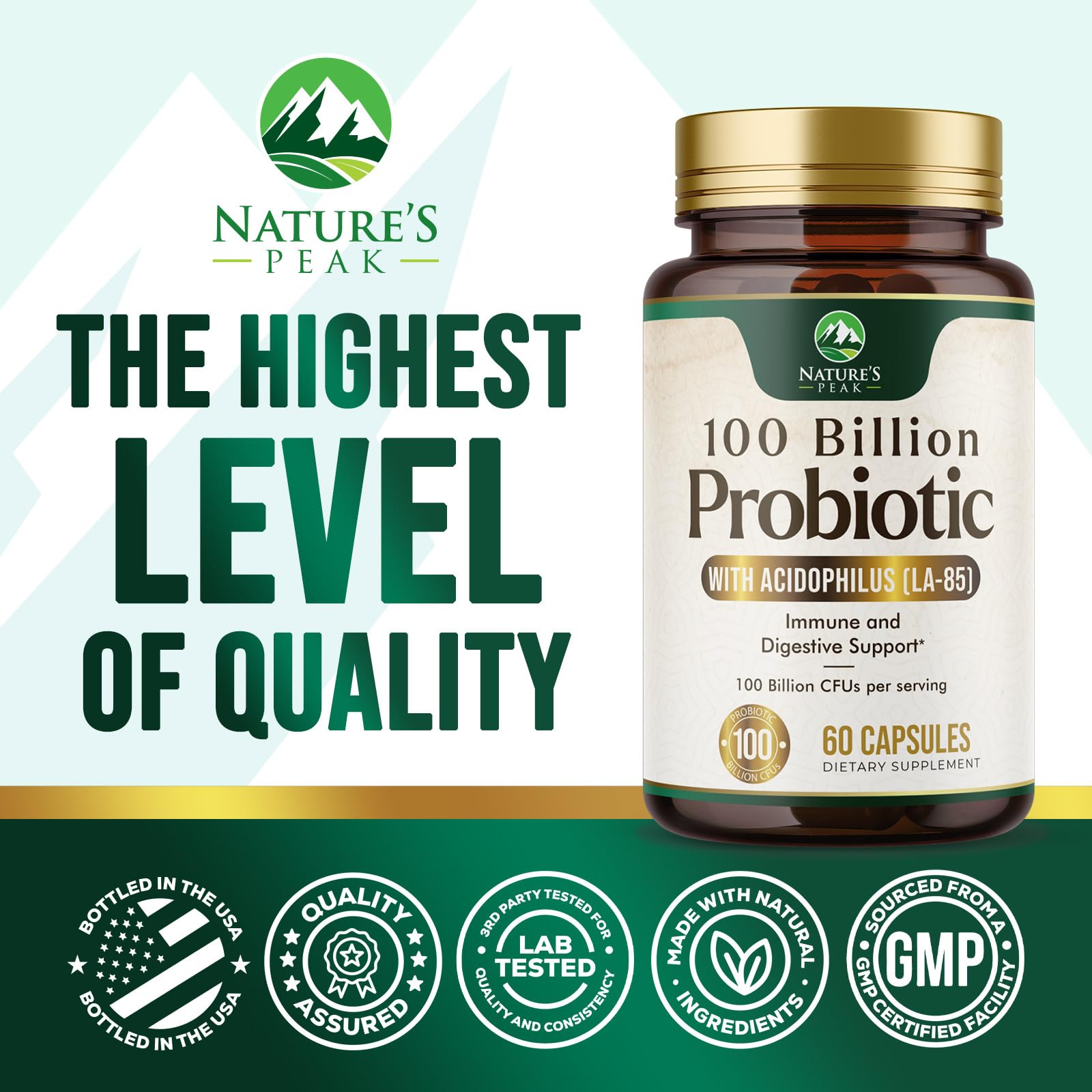 Probiotics 100 Billion CFU Per Serving - 16 Premium Probiotic Strains Prebiotics - Immune Support, Gut Health, Occasional Constipation, Gas & Bloating, Probiotics Supplement, USA Bottled, 60 Capsules Nature's PeakAu supplements