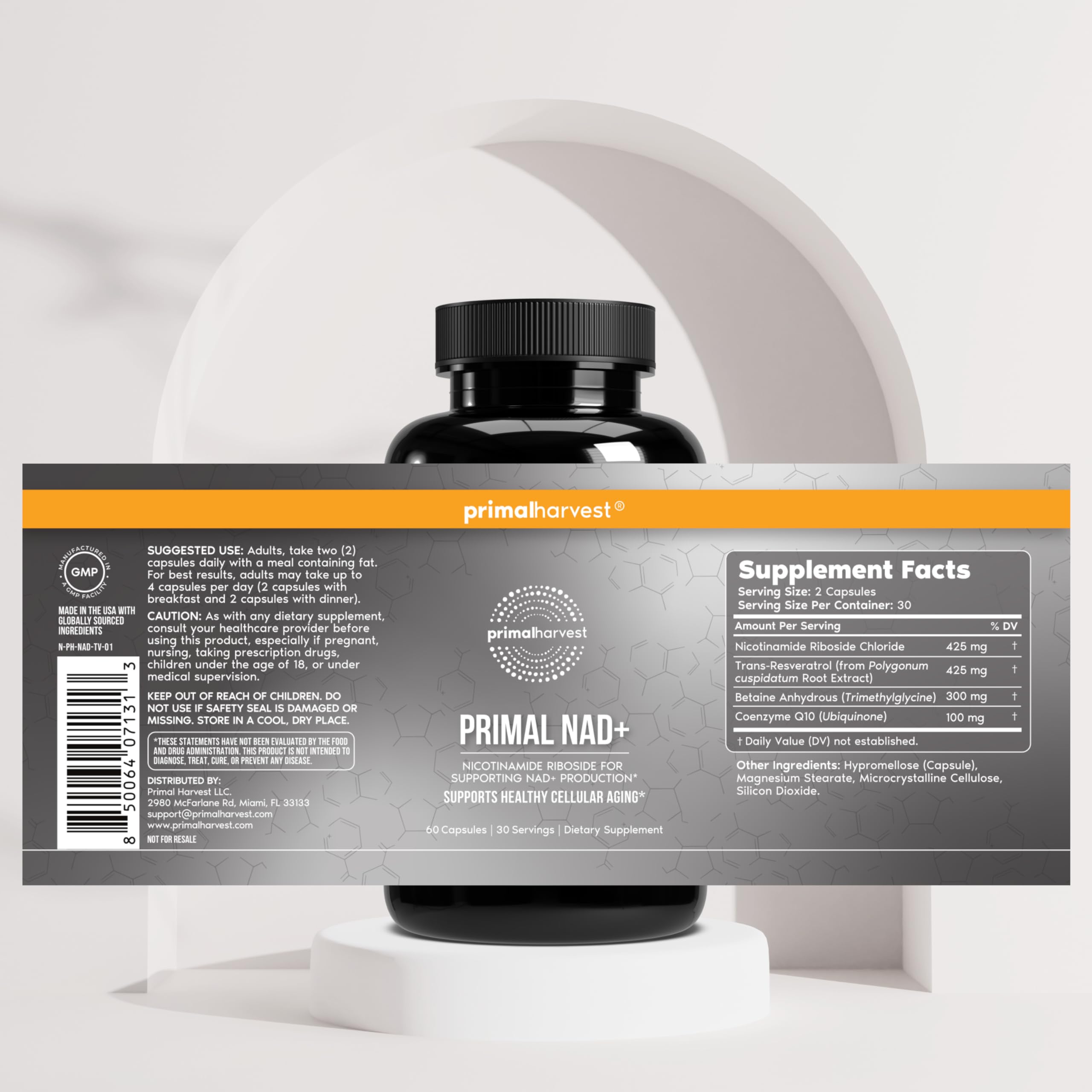 Primal Harvest NAD+ Supplement: Nicotinamide Riboside, Trans-Resveratrol, Betaine, CoQ10, NAD Supplements for Cellular Health, Energy, and Mitochondrial Support (60 Count (1 Pack) Primal HarvestAu supplements