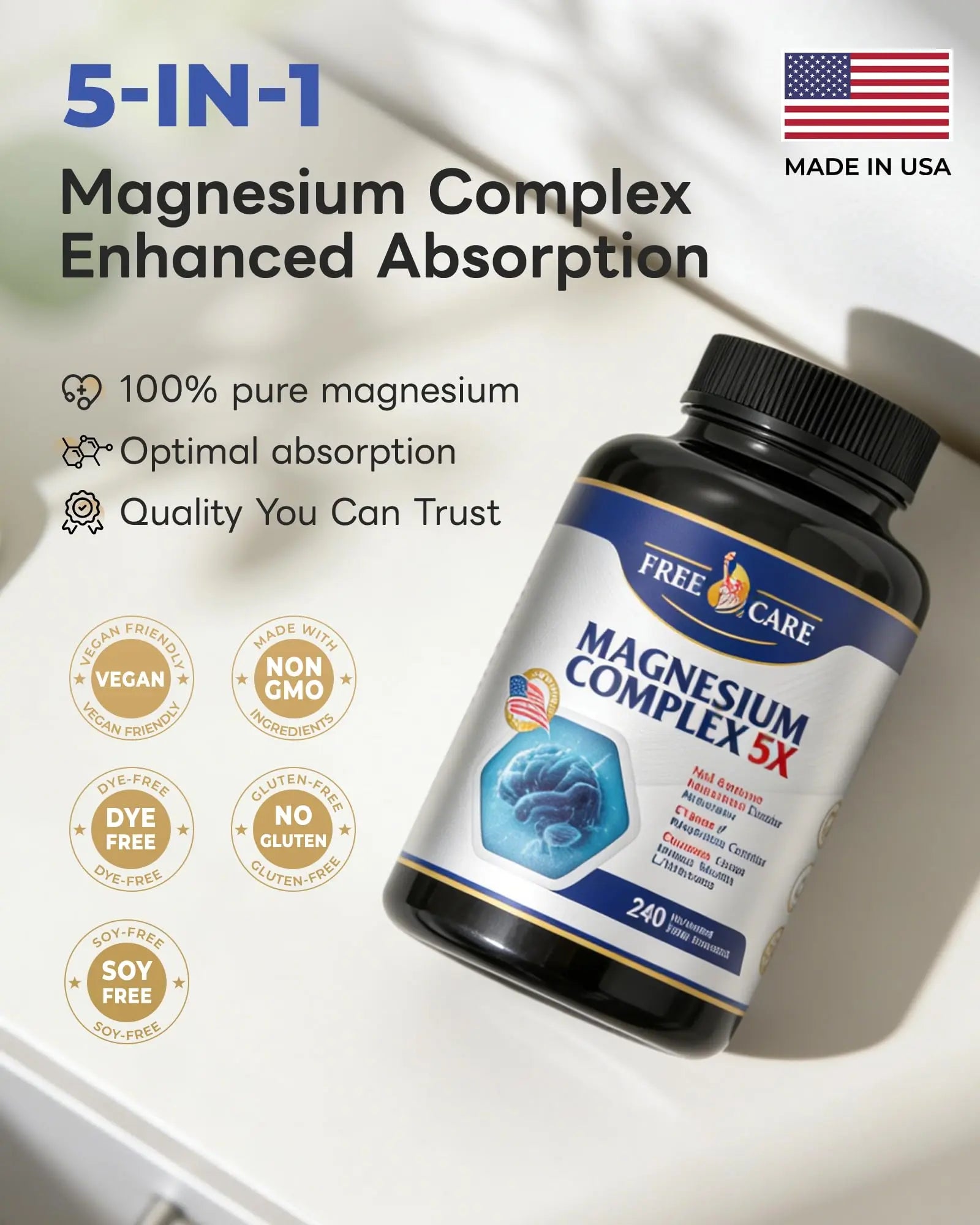 820mg Magnesium Complex 240 Veggie Capsules,for Women & Men with Magnesium Glycinate,Citrate, Malate,Taurate & L-Threonate for Sleep, Mood, Muscle Relaxation & Nerve Function Vegan Friendly, Non-GMO FreeCarenz supplements