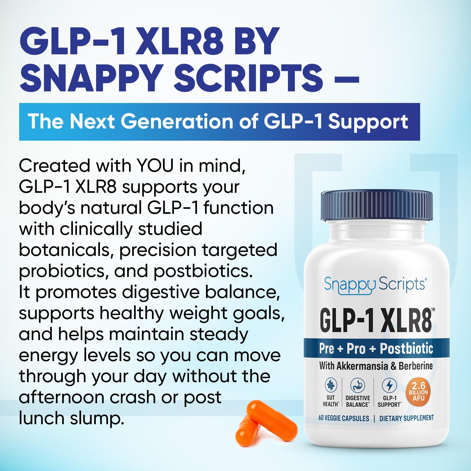GLP-1 XLR8 Supplement for Weight Loss, Digestion, Constipation, Bloating Relief with Akkermansia 2.6 Billion AFU Live Prebiotic Probiotic Postbiotic Gut Health + Berberine for Women Men 60 Capsules Snappy ScriptsAu supplements