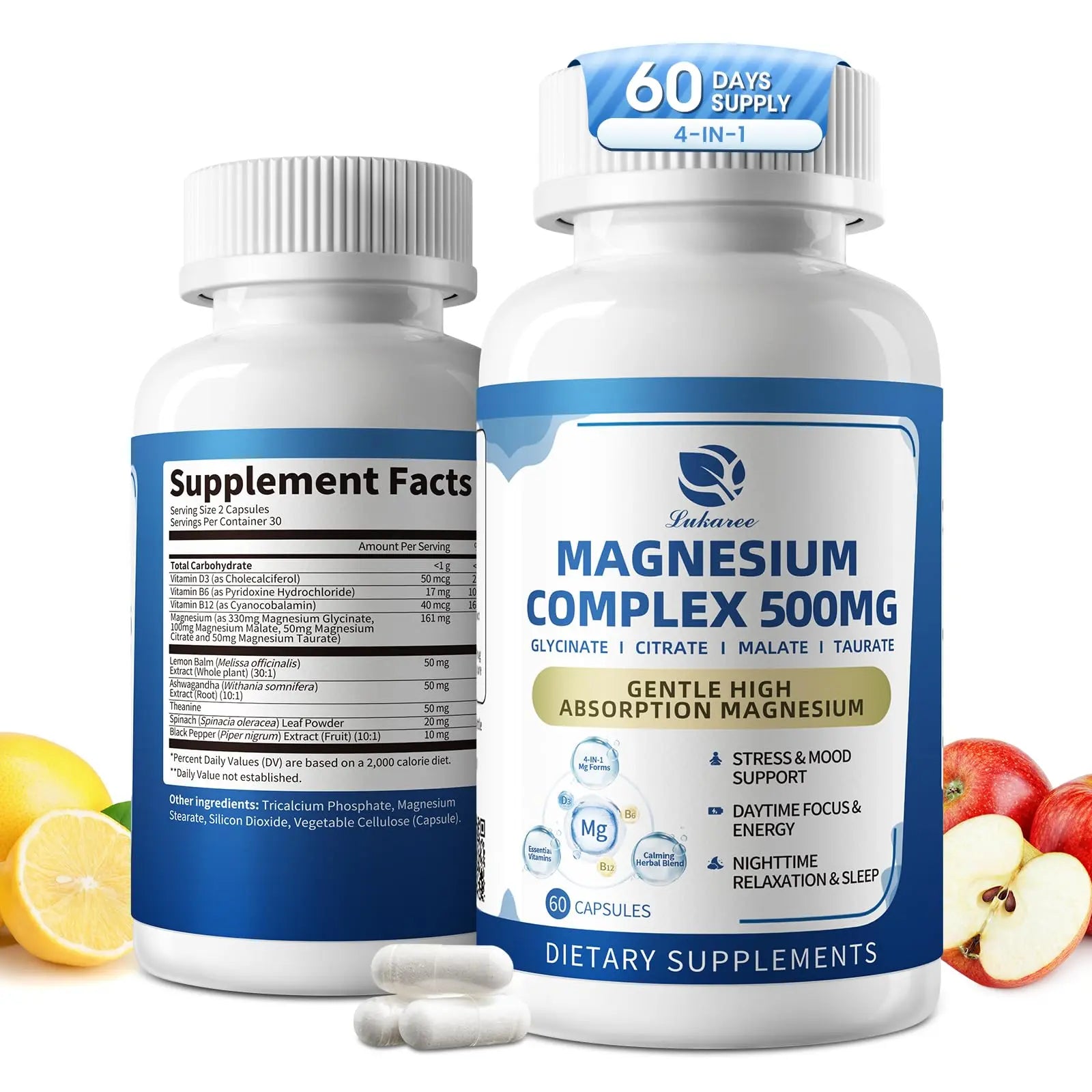 2 Pack Magnesium Complex for Women and Men 4-in-1 Magnesium Glycinate, Citrate, Malate, Taurate - Magnesium Supplement for Relaxation, Sleep & Focus, 60 Days Supply LukareeAu supplements