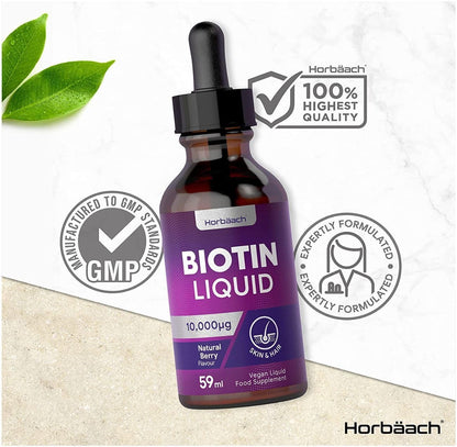 Biotin Liquid Drops for Hair & Skin Support | 10000 mcg Supplement | 59 ml Vitamin B7 HorbäachUS supplements