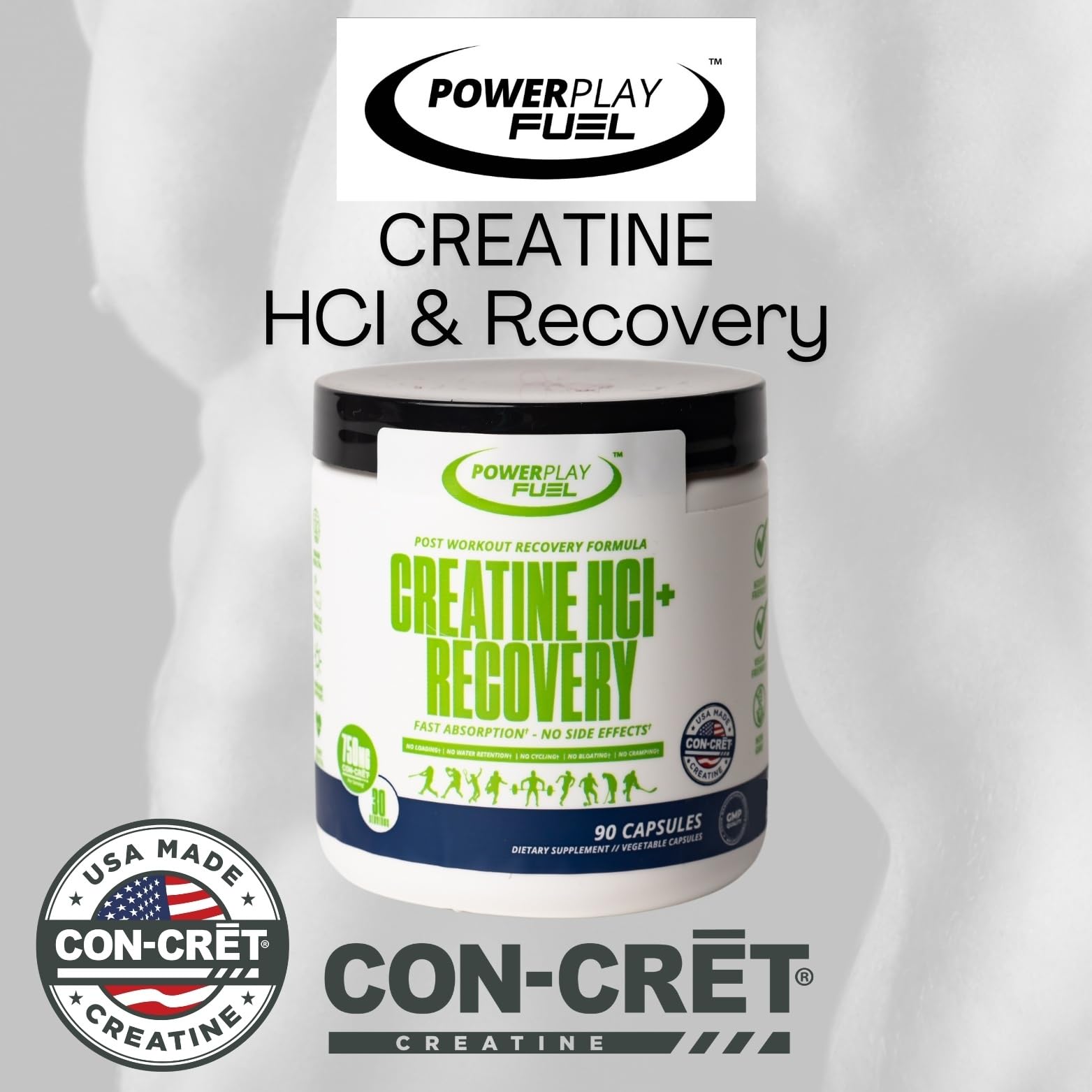 CREATINE HCl + Recovery Capsules for Men and Women, Muscle & Brain Health, Cognitive Function, Immune Support - 90 Vegetable Capsules POWER PLAY FUELAu supplements