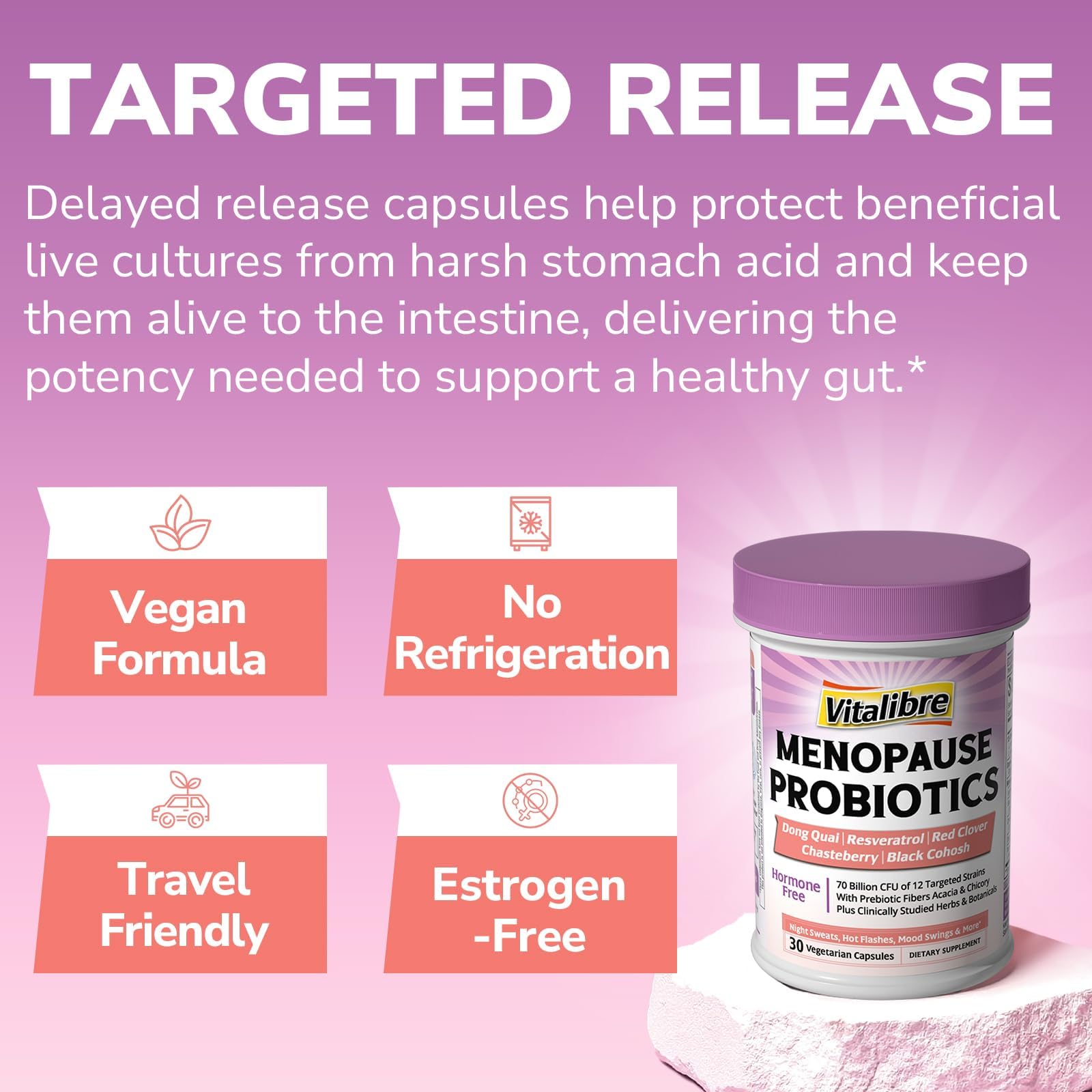 Vitalibre Menopause Probiotics for Women 70 Billion CFU, 12 Targeted Strains, Organic Prebiotics, Black Cohosh Resveratrol Red Clover Chasteberry Dong Quai, Hot Flash Night Sweat+, No Estrogen, 30 Ct VitalibreAu supplements