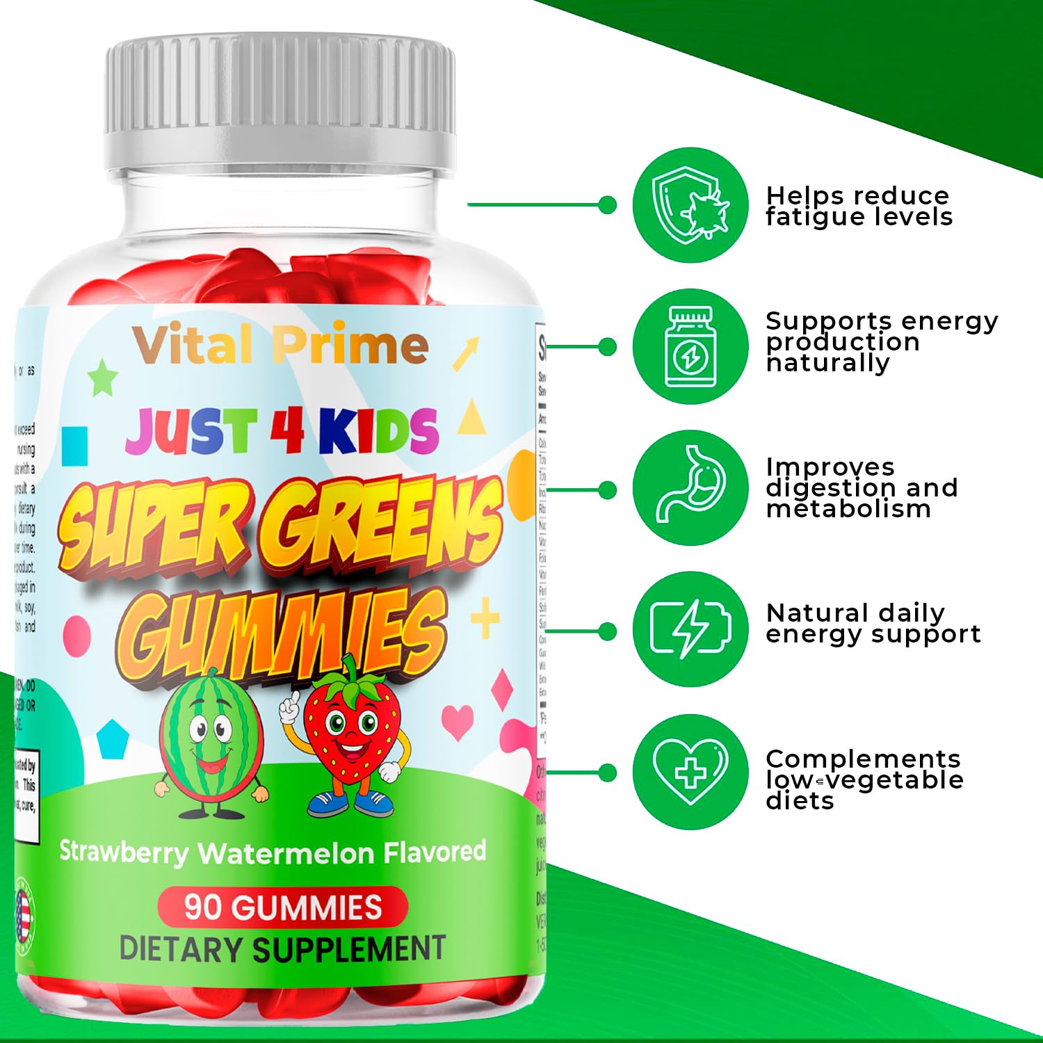 FourRoar Vital Prime Super Green Gummies for Kids 90 Count Strawberry & Watermelon Flavor | Fruit and Vegetable Gummies | Vegan Veggies Gummy Multivitamin for Kids FourRoarAu supplements