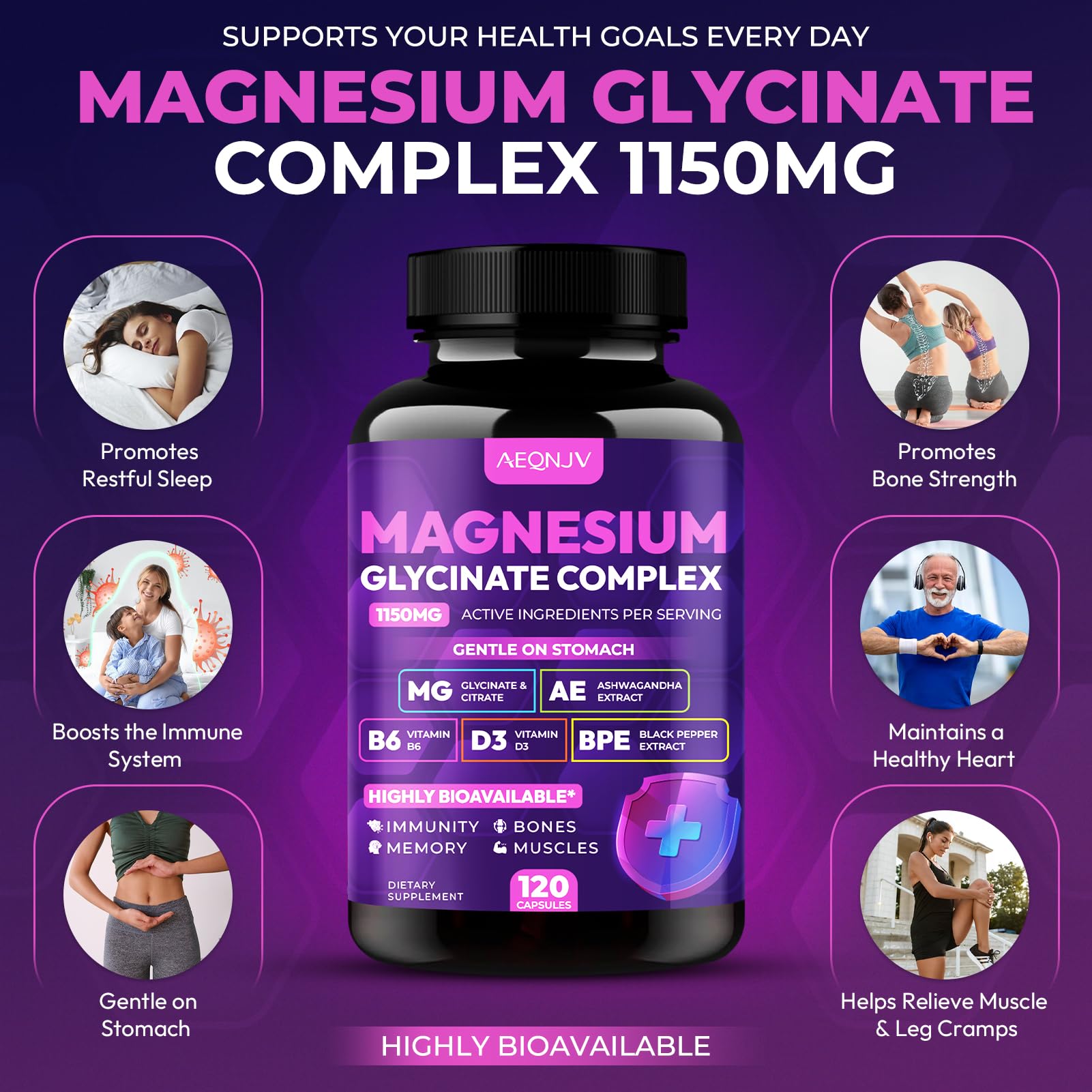 Magnesium Glycinate Complex 1150mg - Gentle on Stomach High Absorption Magnesium Capsules with Citrate, Silica, Ashwagandha & Vitamin B6 for Zzz, Stress Relief, Muscle Support for Adults, Women & Men AEQNJVAu supplements