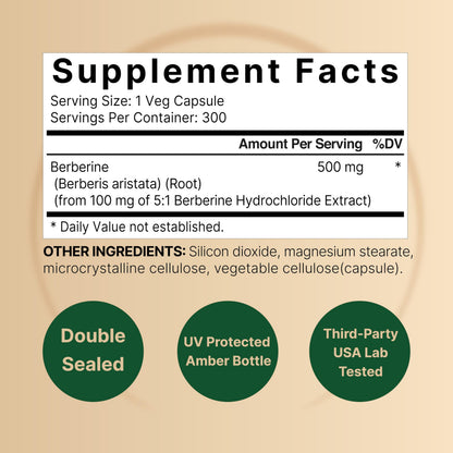 Berberine Supplement 500mg | 300 Veggie Capsules, 97% Pure Berberine HCL – 5:1 Root NatureBellUS supplements