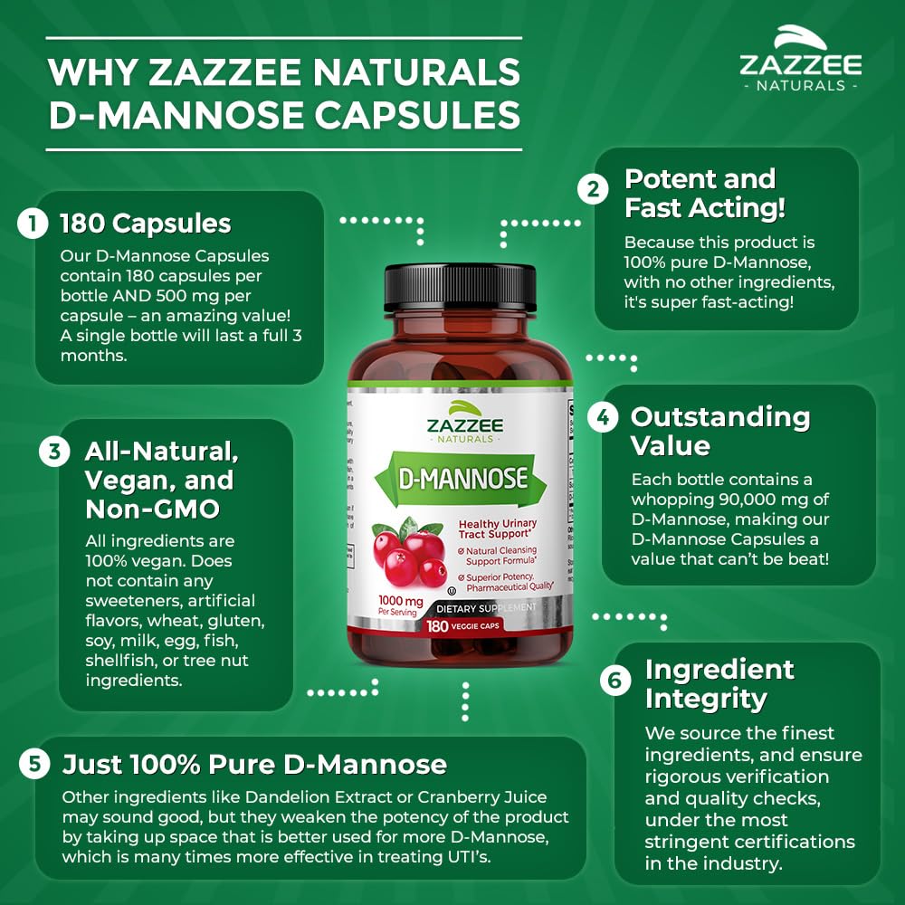 Zazzee D-Mannose, 1000 mg per Serving, 180 Vegan Capsules, 3 Month Supply, Potent ZazzeeUS supplements