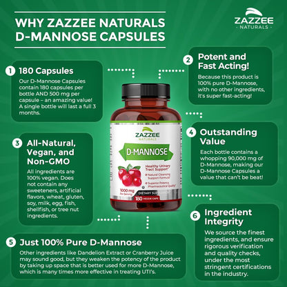 Zazzee D-Mannose, 1000 mg per Serving, 180 Vegan Capsules, 3 Month Supply, Potent ZazzeeUS supplements