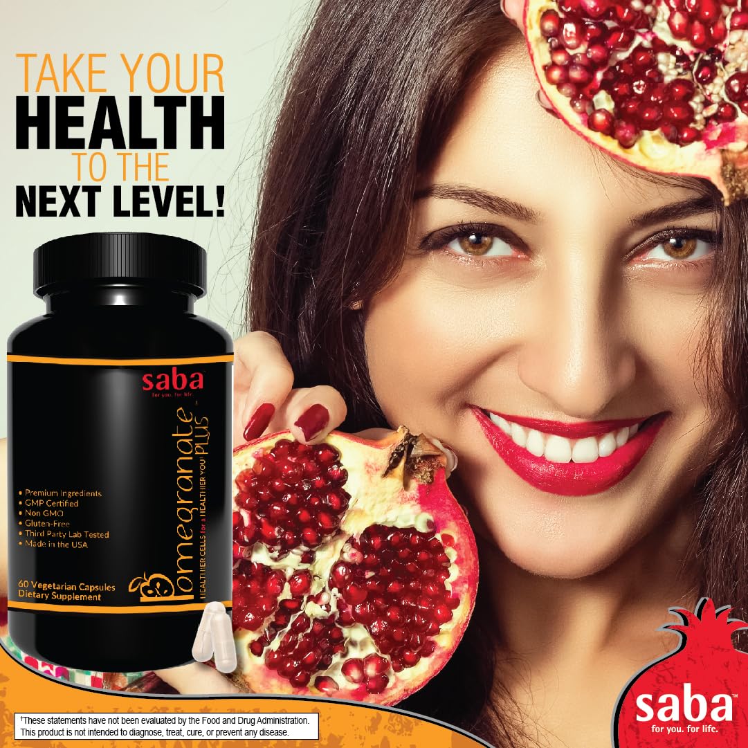 Saba Pomegranate Plus – Antioxidant Supplement with Astaxanthin & Adaptogens | Immune, Skin, Heart & Brain Support | Daily Stress & Cellular Wellness | 60 Capsules SabaAu supplements