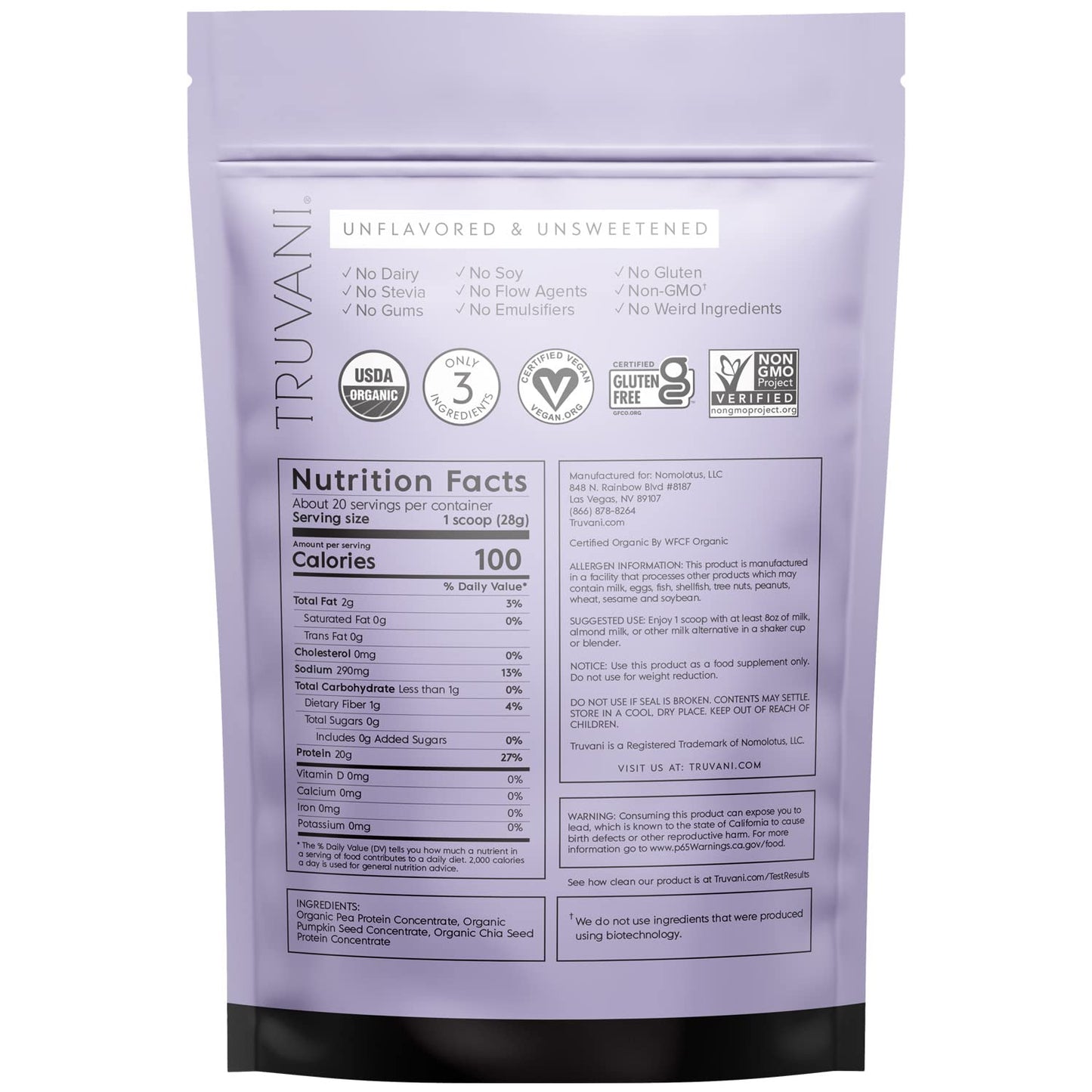Truvani Organic Vegan Protein Powder Unflavored - 20g of Plant Based Protein, Organic TruvaniUS supplements