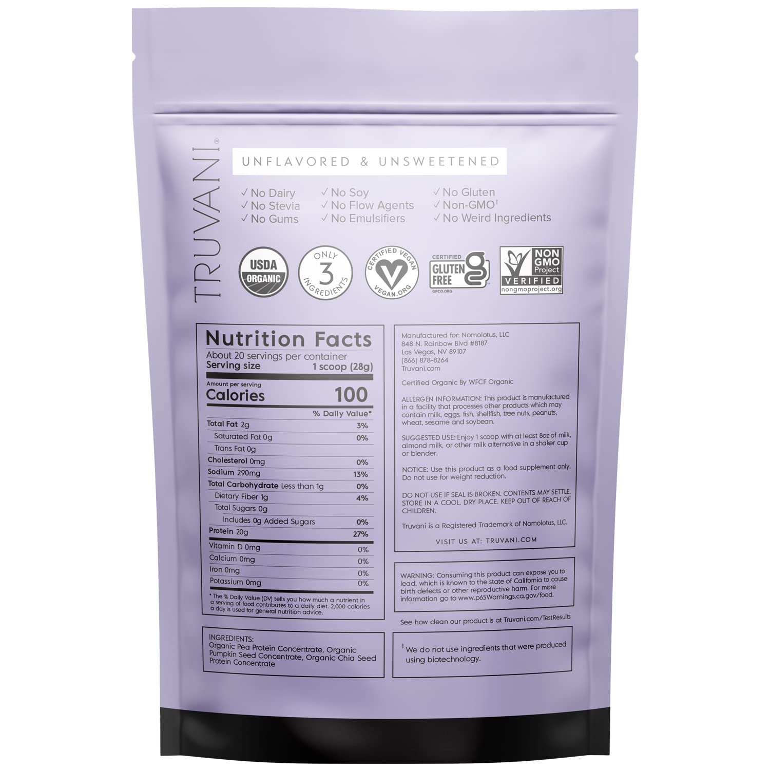 Truvani Organic Vegan Protein Powder Unflavored - 20g of Plant Based Protein, Organic TruvaniUS supplements
