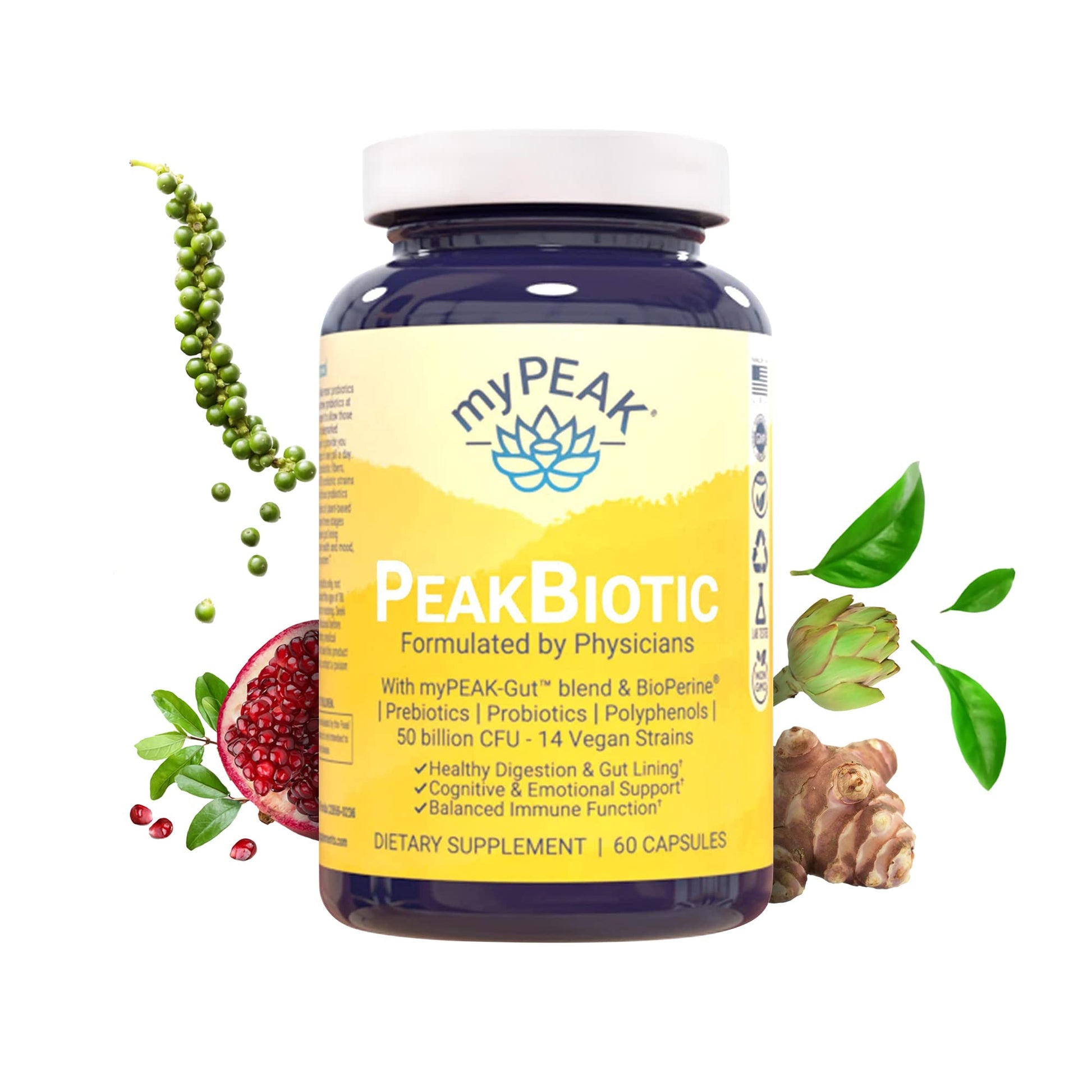 myPEAK PeakBiotic: The Ultimate Vegan Synbiotic with 50 Billion CFU Probiotics Prebiotics Postbiotics Modbiotics and Gut Lining to Enhance Digestion, Skin, and Mood with 2-Month Supply, 60 Capsules myPEAKAu supplements