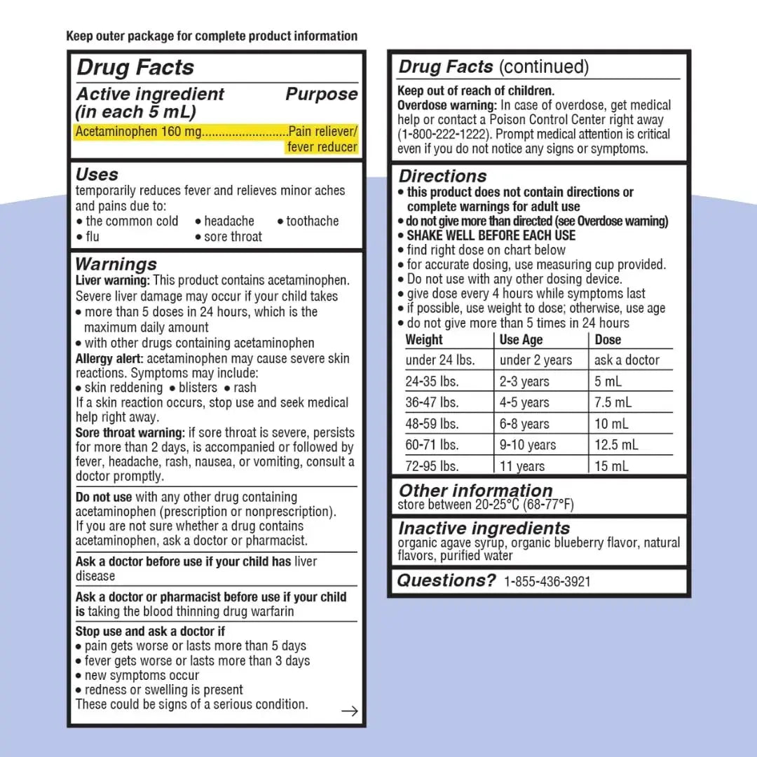 Genexa Children's Clean Acetaminophen | Pediatrician Preferred Ingredients | Pain & Fever Reducer for Kids | Dye Free, 0% Artificial Additives | Ages 2-11, Delicious Organic Blueberry Liquid, 4 fl oz GenexaAu supplements
