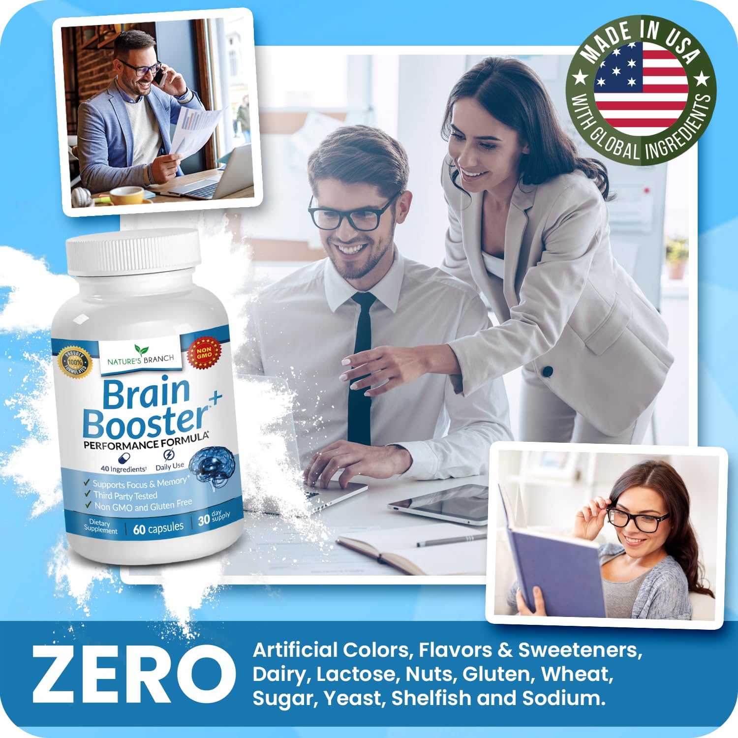 40-in-1 Brain Booster Supplement for Focus, Memory, Clarity, Energy | Advanced Vitamins Plus eBook | for Men & Women, Cognitive Function Nootropic Support with DMAE, Mind Health Formula | 60 Capsules NATURE'S BRANCHAu supplements