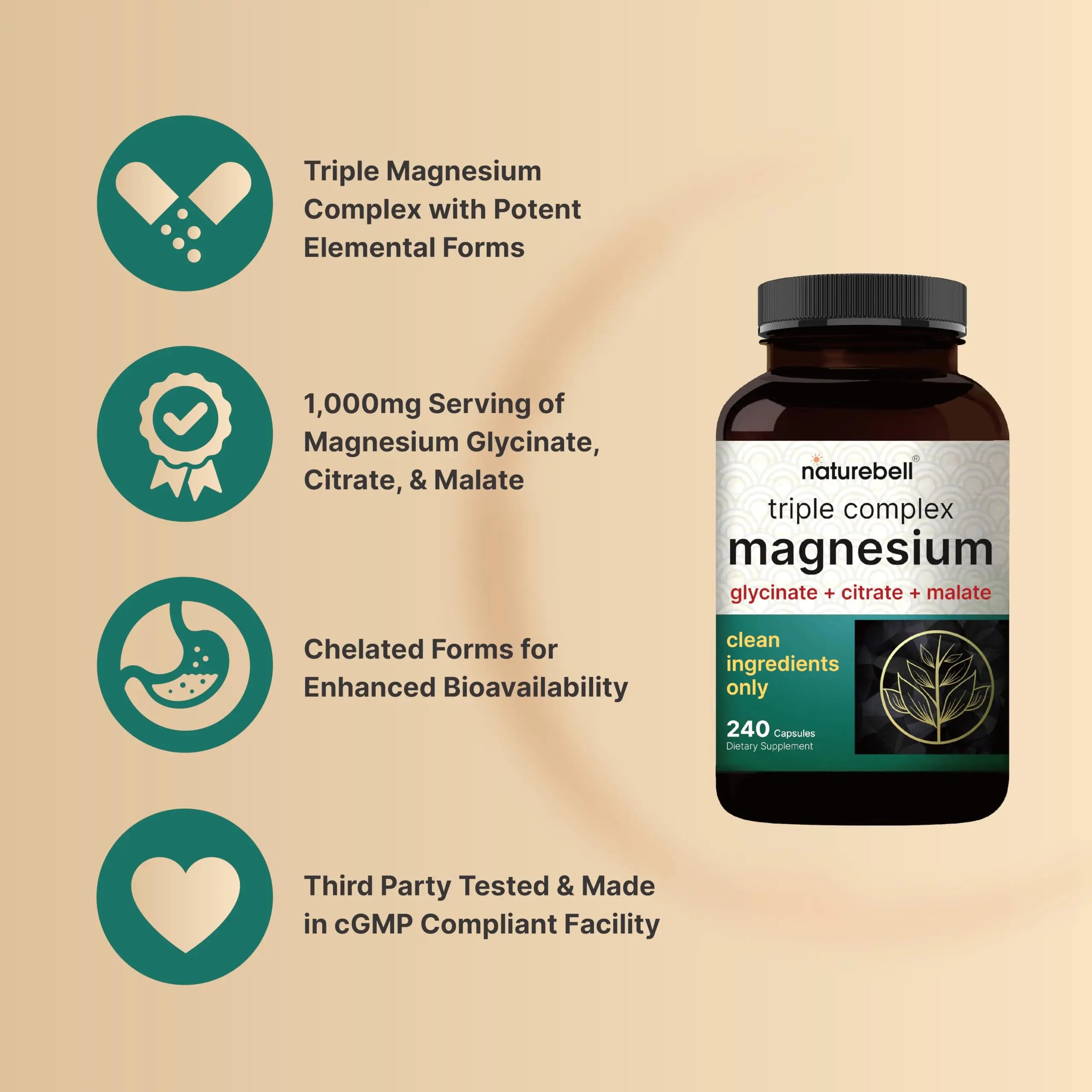 NatureBell Magnesium Complex for Women & Men 1,000mg Per Serving – 240 Capsules – Triple Magnesium Complex with Glycinate, Citrate & Malate – Chelated & Purified – Non‑GMO, Filler Free NatureBellnz supplements