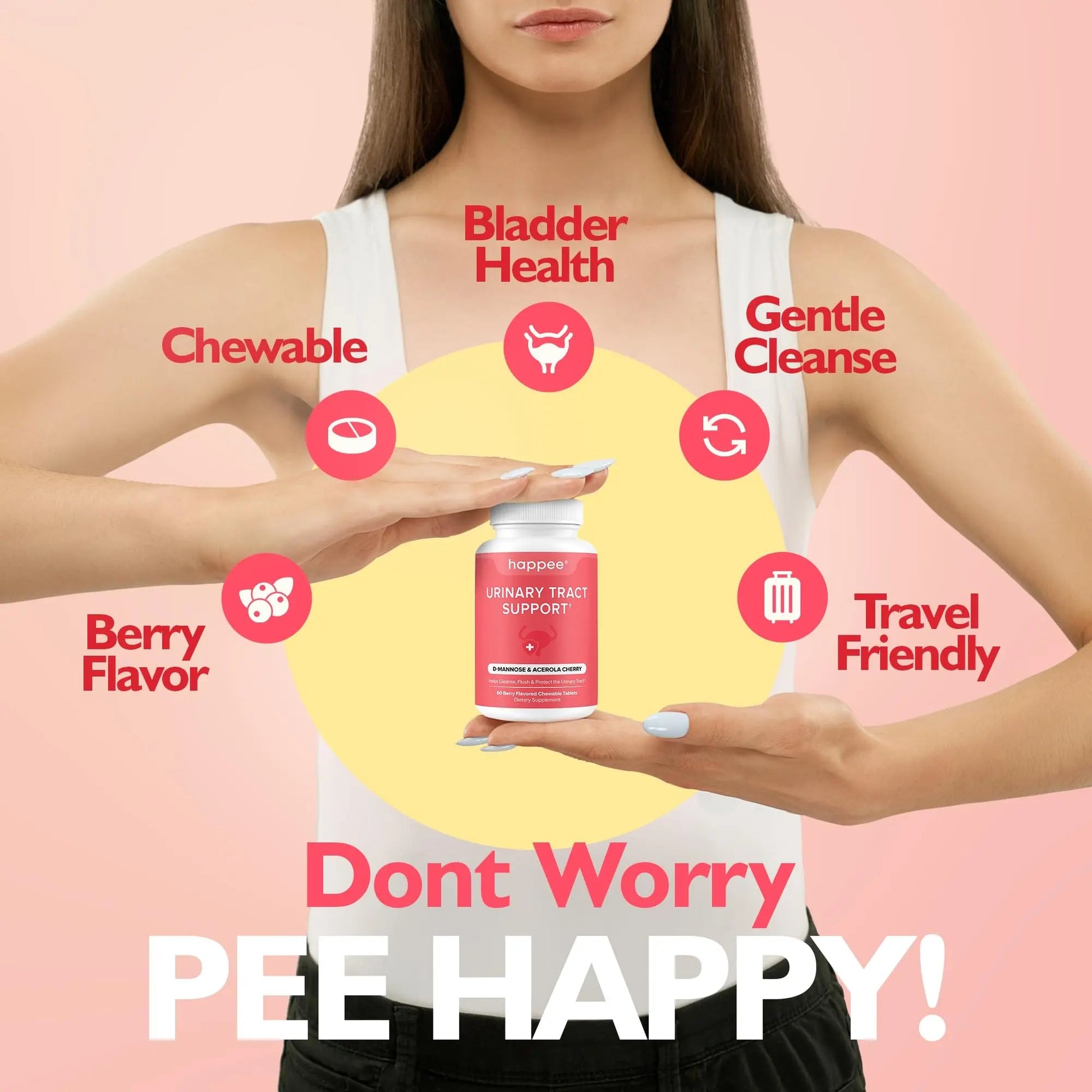 Happee Urinary Tract Health Supplement for Women & Men – Fast-Acting UTI Relief and Prevention, 500mg D-Mannose & Antioxidants, Supports Kidney and Bladder Health, Berry Flavor, 60 Chewables HappeeAu supplements