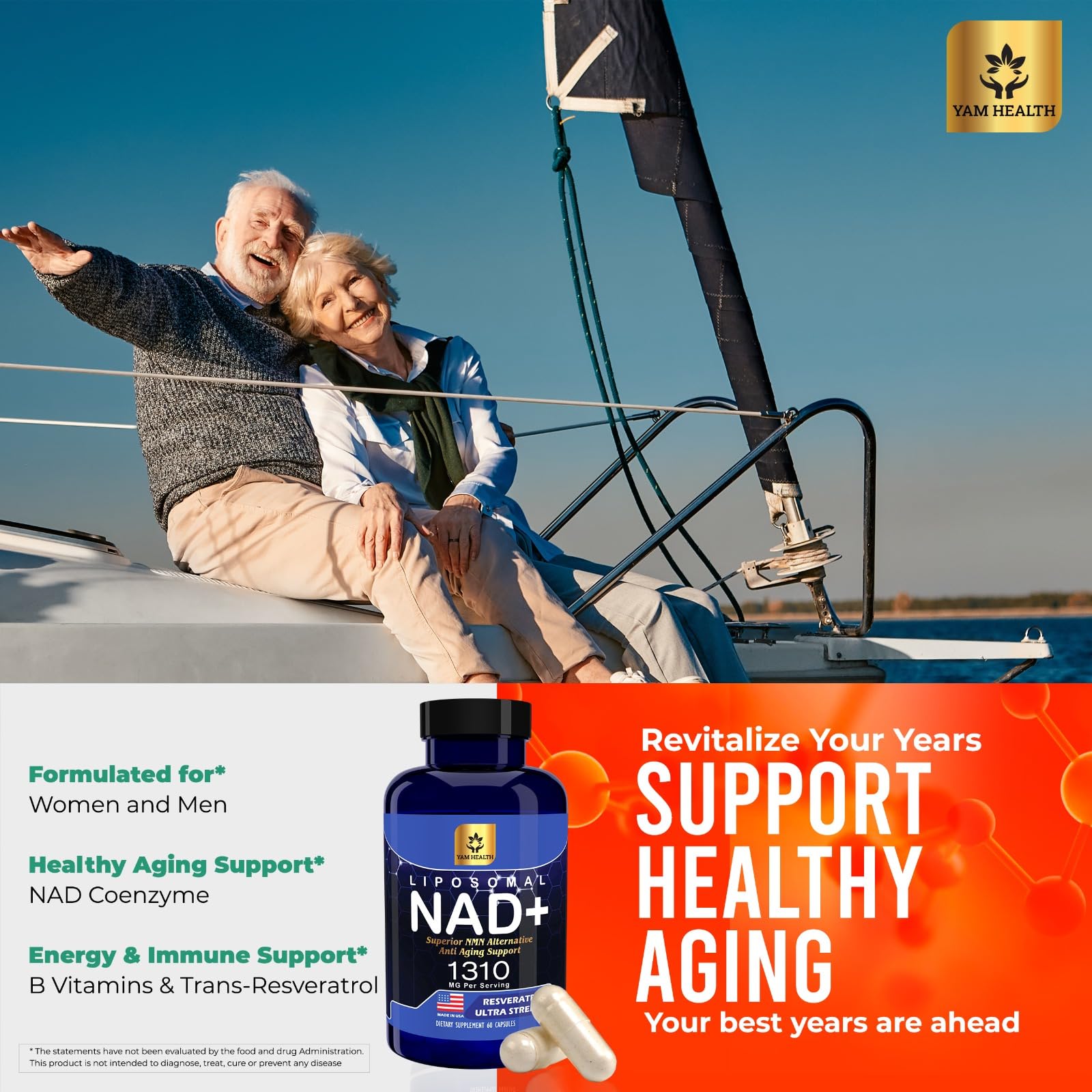YAM Health Liposomal NAD Nicotinamide Riboside Equivalent with Trans-Resveratrol 300mg, Premium Halal NAD Supplement for Energy Metabolism, DNA Repair and Longevity, Vegan, Non-GMO (60 Count) YAM HealthAu supplements