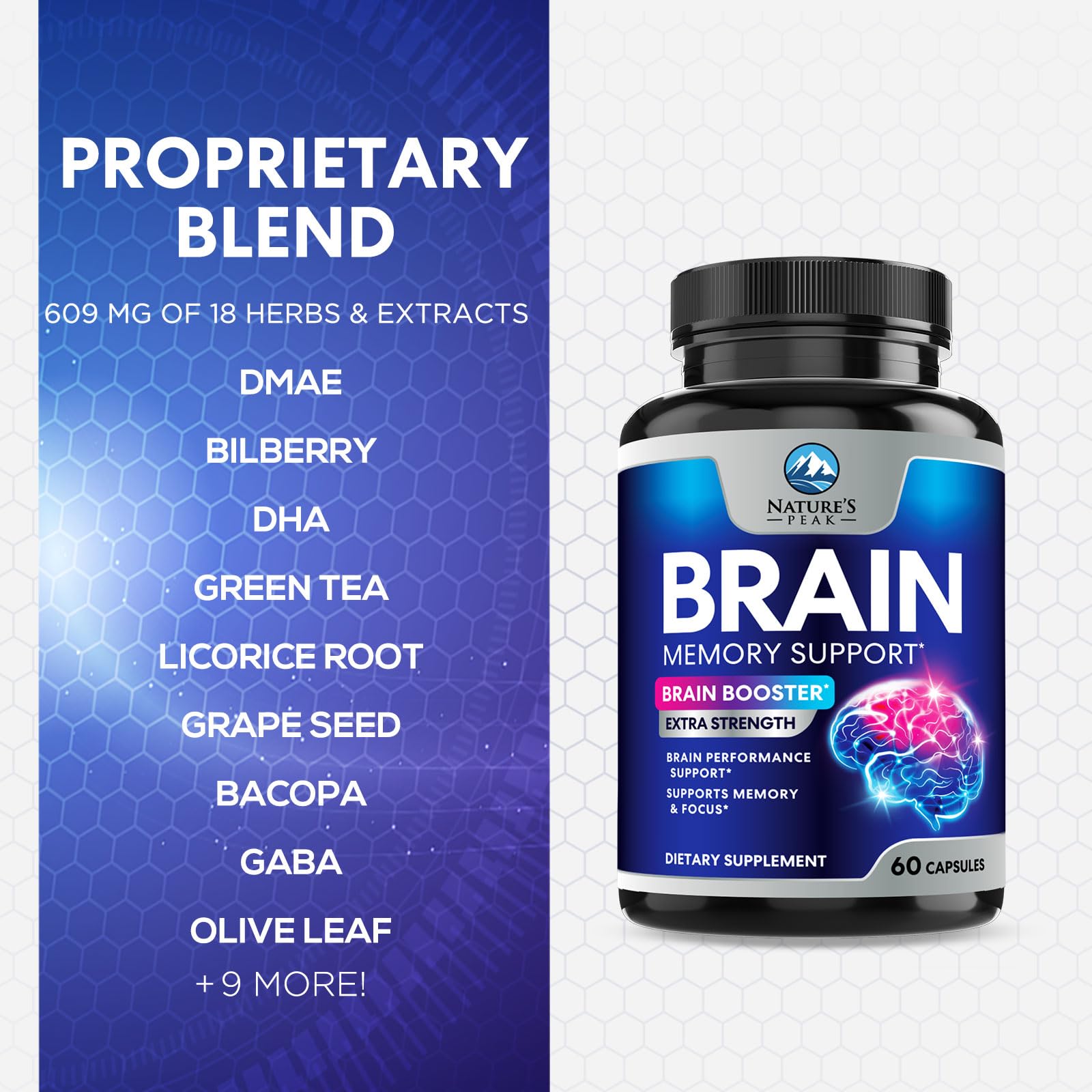 Brain Memory Supplement - 3X Strength Nootropics for Concentration, Clarity & Focus Support - Brain Health Cognitive Vitamins with Bacopa, Phosphatidylserine & DMAE, Brain Booster Pills, 60 Capsules Nature's PeakAu supplements