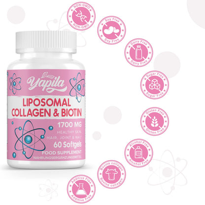 Liposomal Collagen Biotin Capsules, Hydrolyzed Bovine Collagen Peptides 1700 mg, Types 1 & 3 Protein YapilaUS supplements