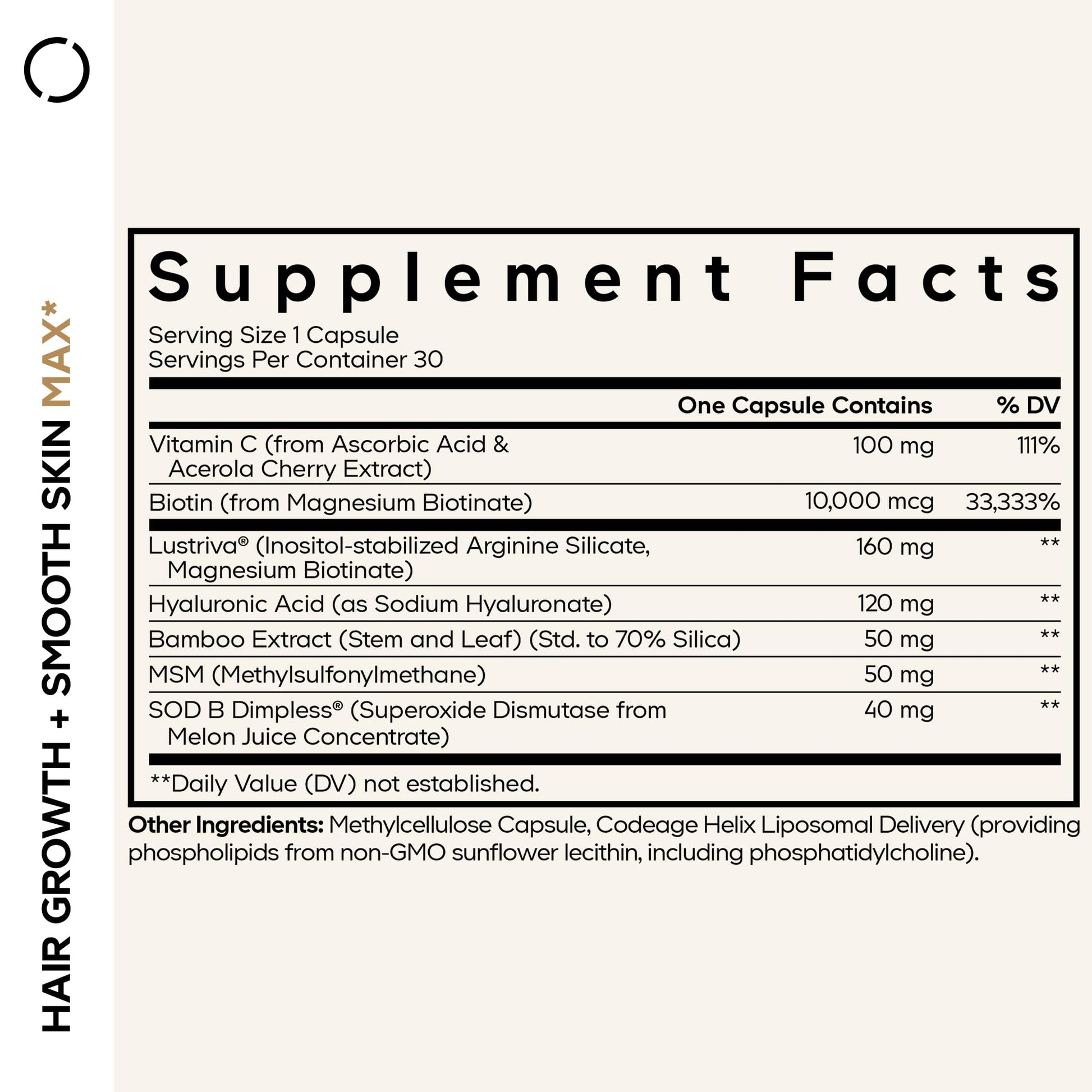 Codeage Hair Growth + Smooth Skin Max Vitamins Supplement - Patented Lustriva & SOD B Dimpless Superoxide Dismutase - Hair Growth Health Skin Cellulite Support - Biotin, Vitamin C, MSM - 30 Capsules CodeageAu supplements
