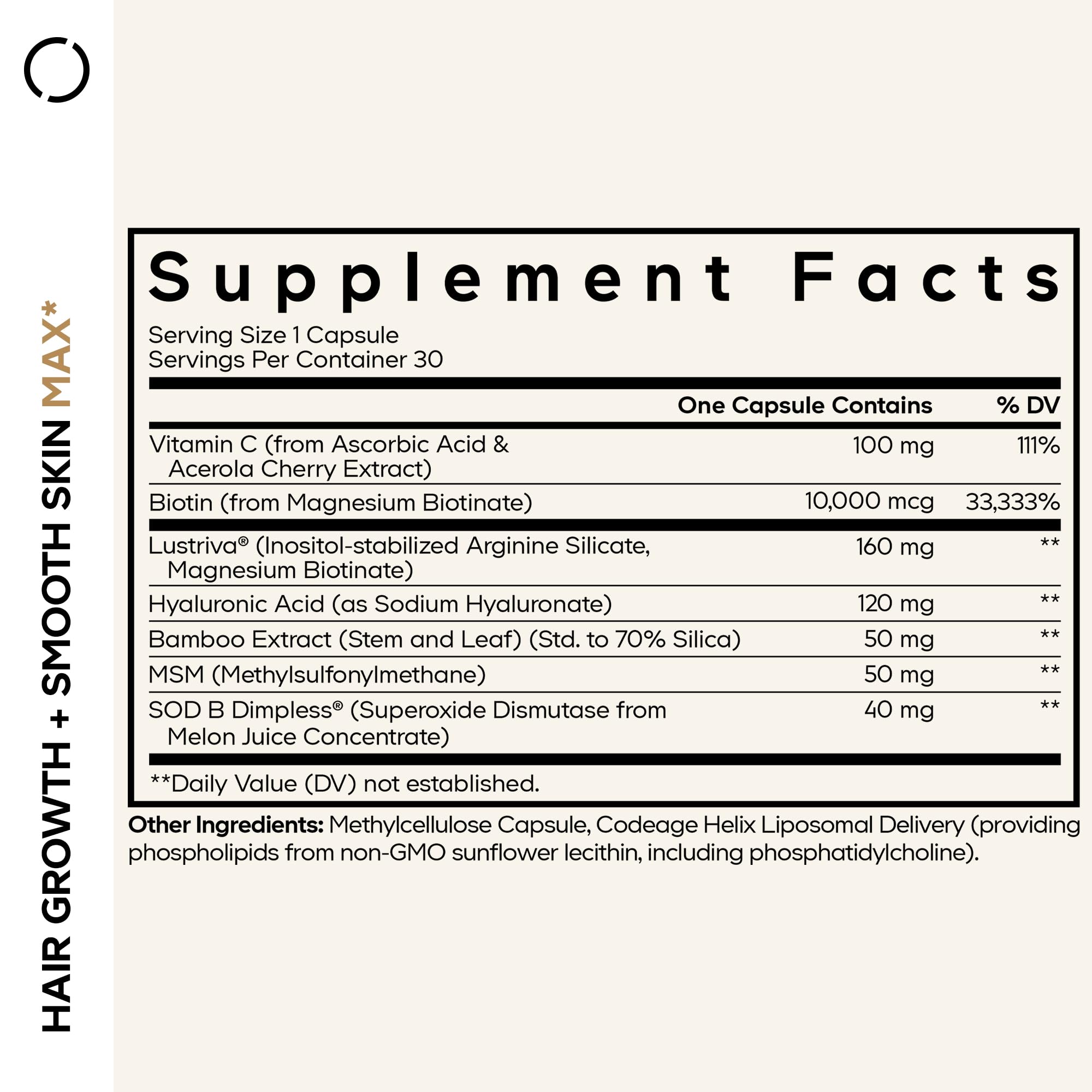 Codeage Hair Growth + Smooth Skin Max Vitamins Supplement - Patented Lustriva & SOD B Dimpless Superoxide Dismutase - Hair Growth Health Skin Cellulite Support - Biotin, Vitamin C, MSM - 30 Capsules CodeageAu supplements