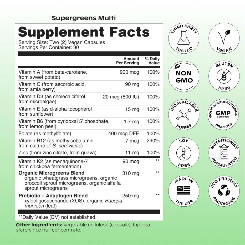 wholier Supergreens Multi, Daily Greens, Vegan Multivitamin for Women + Men, Whole Food Vitamins + Minerals, Prebiotics for Gut Health, Adaptogens (60 Vegan Capsules) Glass Bottle wholiernz supplements