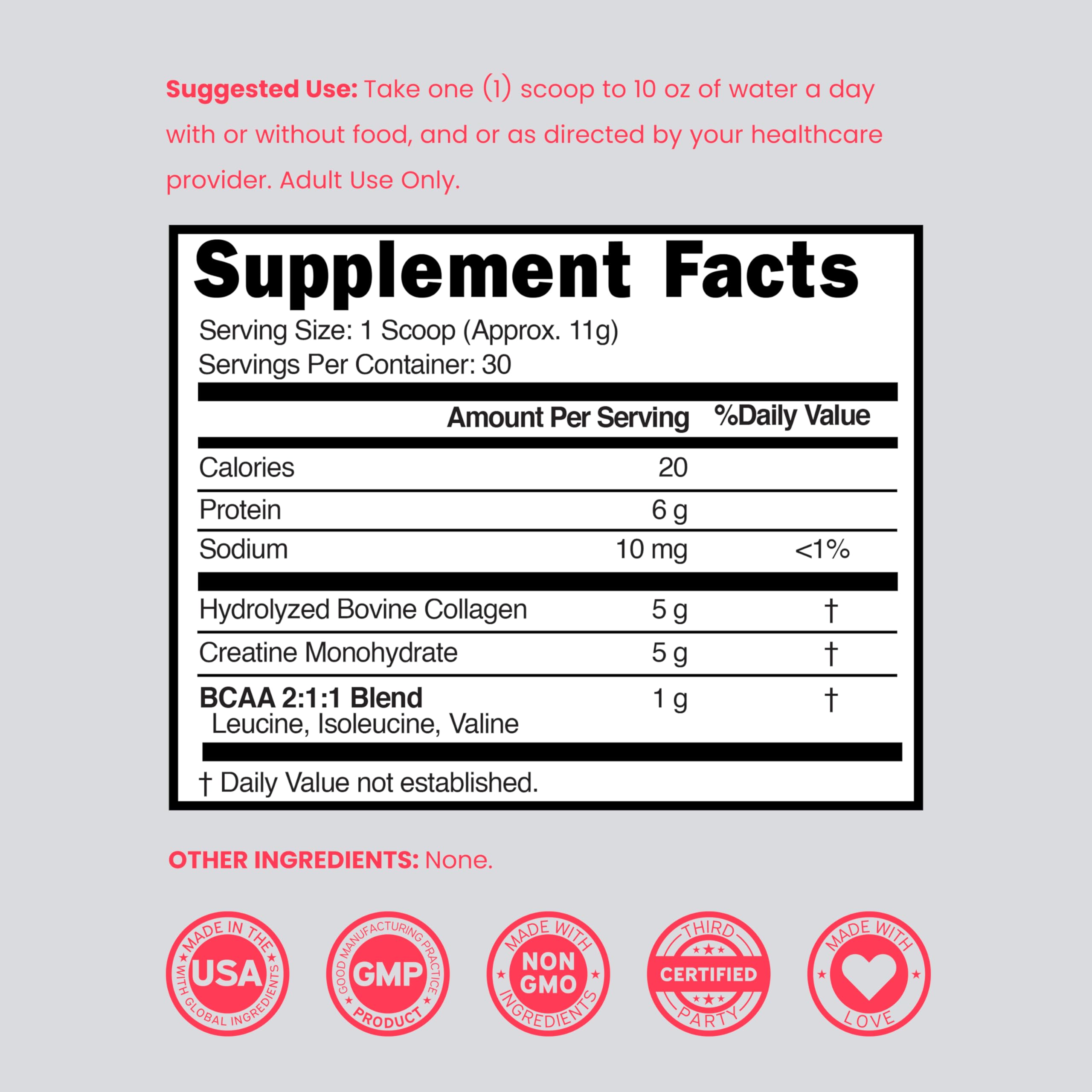 Creatine for Women | Creatine Monohydrate Powder 5G + 5000mg Collagen + 1000mg BCAA 2:1:1 Powder (30 Serving) Support Glutes, Lean Muscles, Recovery, Energy & Stamina Non-GMO, Gluten Free - USA Made DORADO NUTRITIONAu supplements