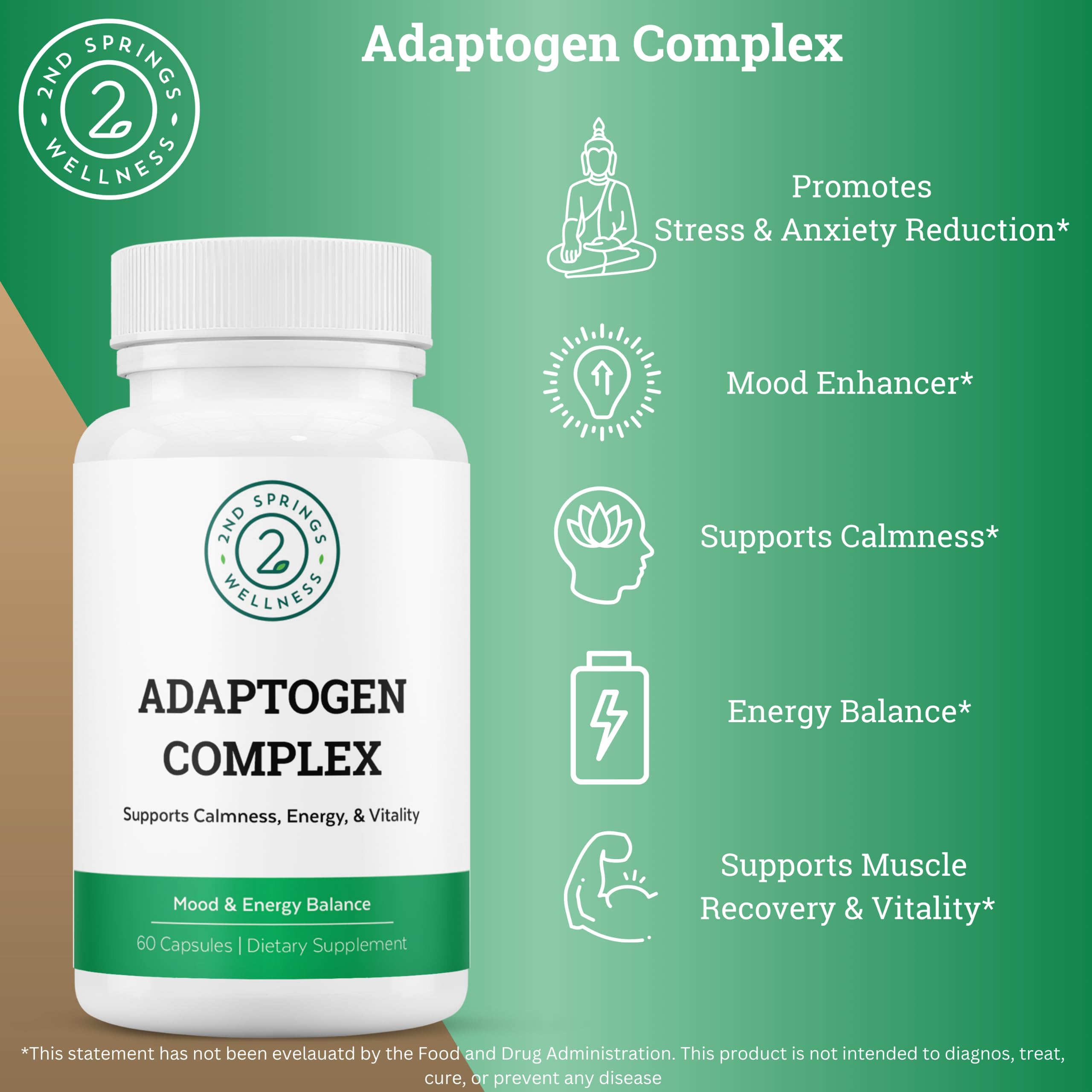 2nd Springs Adaptogen Complex Calmness, Energy and Vitality Booster - Ashwagandha, Schisandra, Astragalus, Ginseng, Rhodiola, and More - Adrenal Support Supplements - 60 Ct 2nd SpringsAu supplements