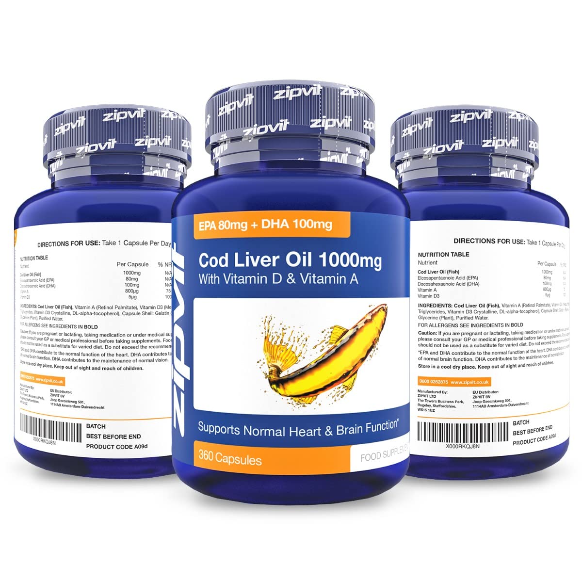 Cod Liver Oil 1000mg, 360 Capsules of High Strength Fish Oil, Rich in Omega 3. Supports ZipvitUS supplements