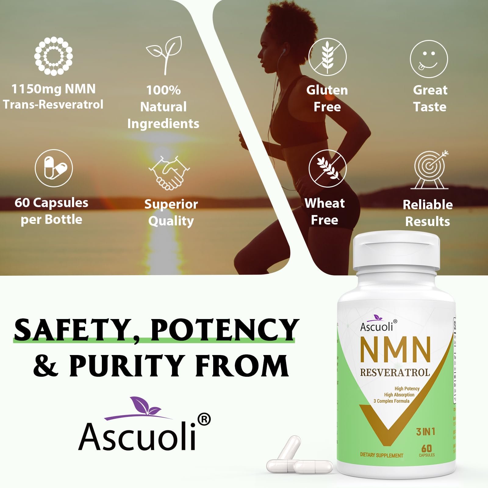 99% Ultra Purity NMN 500mg + Trans-Resveratrol 600mg, 1150mg NMN Resveratrol Supplement, 3-in-1 Advanced Formula for Boost* NAD, Cell, Immune, Energy & Muscle, Healthy Aging, Stabilized Form - 60 Caps AscuoliAu supplements