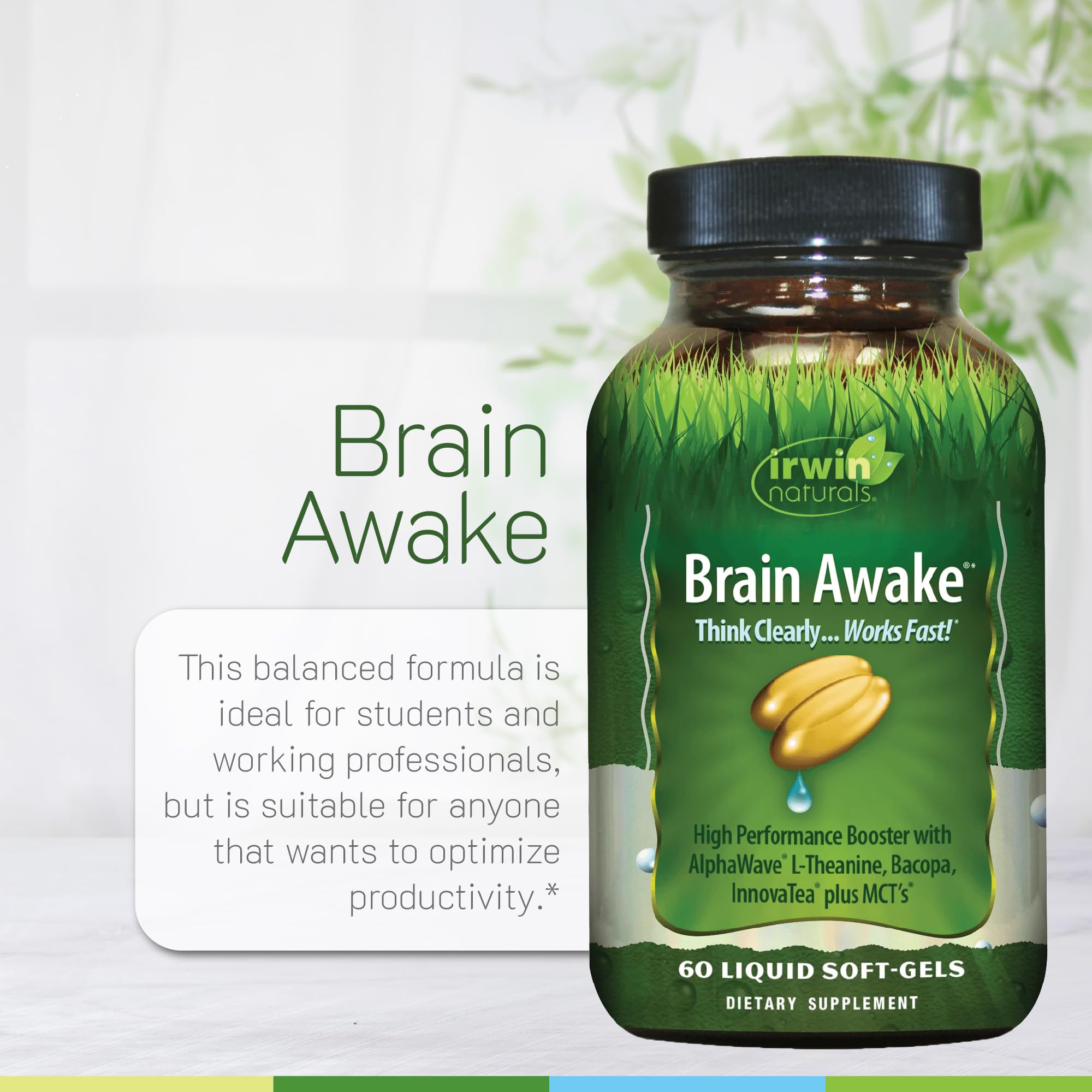 Irwin Naturals Brain Awake Enhanced Mental Performance, Increased Focus, Boost Clarity & Concentration - Powerful Nootropic Booster with L-Theanine, Bacopa, MCT's & InnovaTea - 60 Liquid Softgels Irwin NaturalsAu supplements