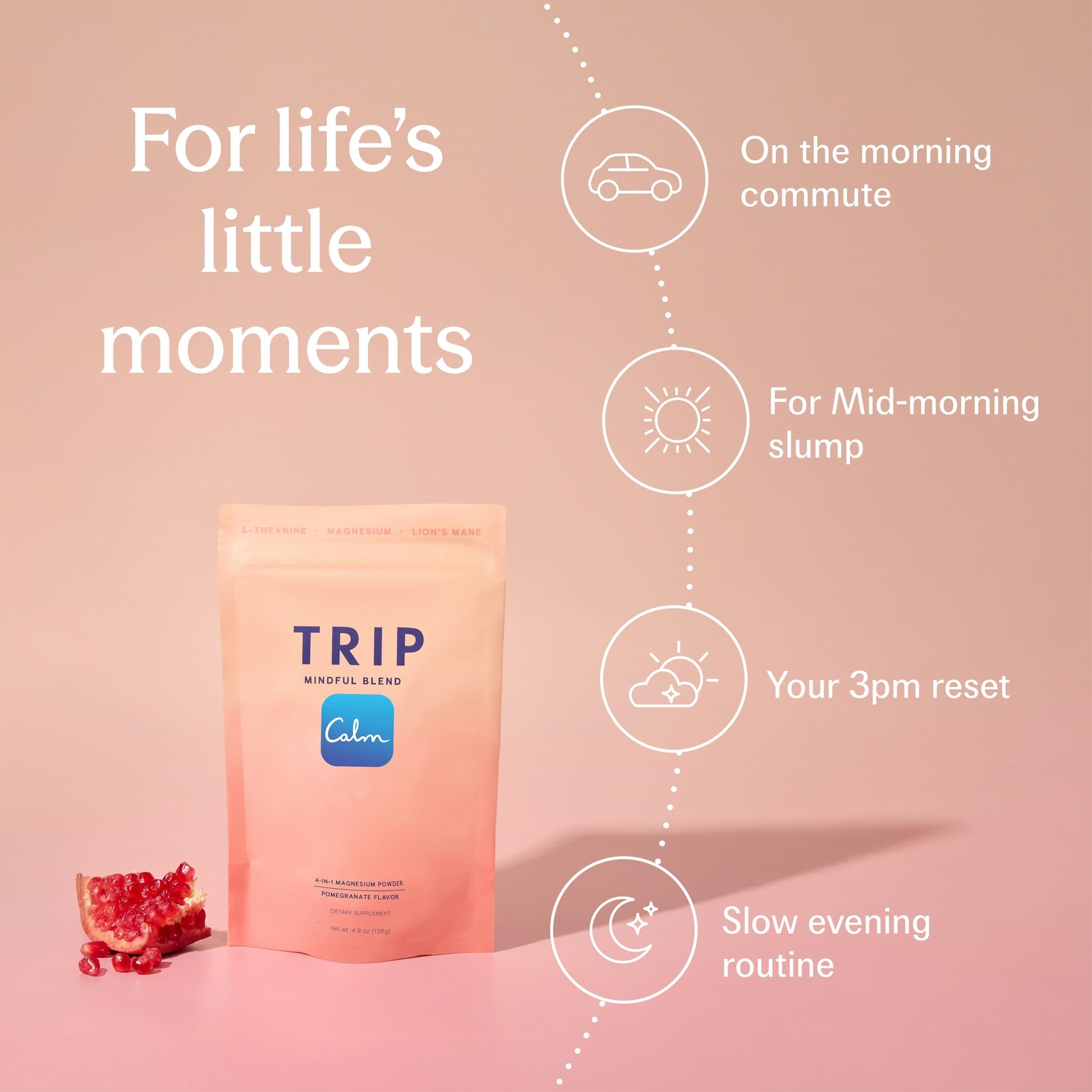 TRIP Magnesium Glycinate Powder with L-Theanine & Lion’s Mane, Sugar Free Magnesium Supplement for Adults, 250mg Magnesium per Drink Mix Serving, Pomegranate Orange Blossom, 1 Bag - 30 Servings TRIPAu supplements