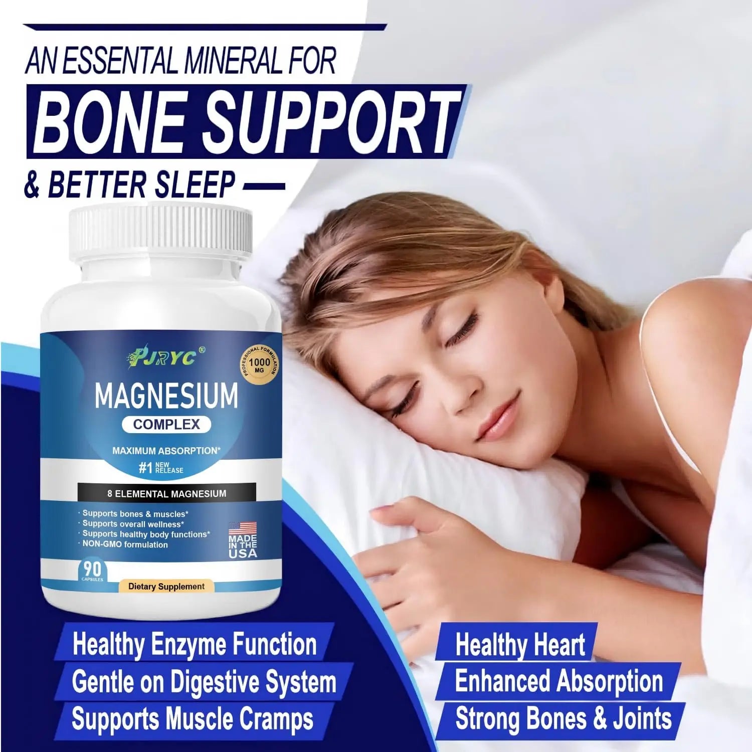Magnesium Complex Supplement - 1000mg with 8 Magnesium Forms: Glycinate, Citrate, Malate, Taurate & Orotate - Supports Muscle Function, Bone Strength & Relaxation - Vegan, Non-GMO - 180 Capsules PJRYCnz supplements