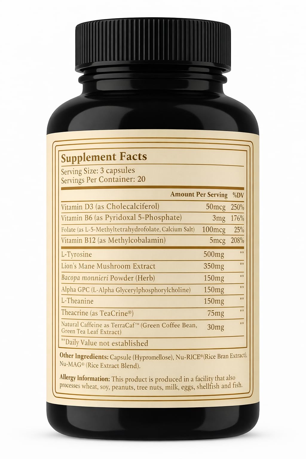 AURUM BOTANICA Best Brain Supplement for Memory and Focus - L-Theanine, Lion's Main, Vitamin B6, B12, D3, Folate, L-Tyrosine, Bacopa Monnieri, Alpha GPC, Theacrine, 30mg of Natural Caffeine (60 Count) AURUM BOTANICAAu supplements