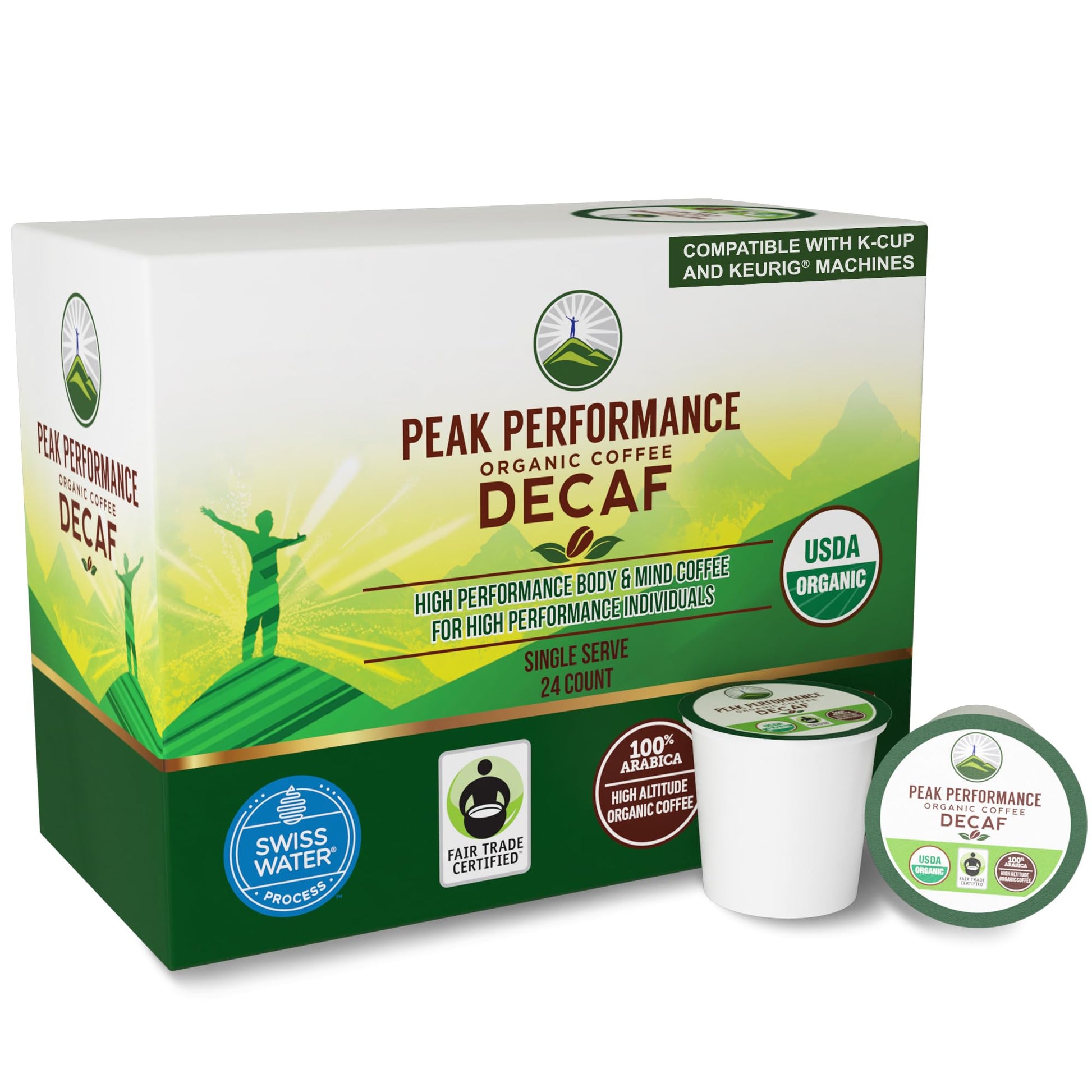 USDA Organic Decaf Coffee Pods - Compatible with K-Cup and Keurig Machines - High Altitude Decaf Coffee - Fair Trade Beans Medium Roast Single Serve Decaffeinated 24 Count Recyclable Cups Peak PerformanceAu supplements