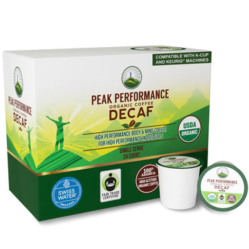 USDA Organic Decaf Coffee Pods - Compatible with K-Cup and Keurig Machines - High Altitude Decaf Coffee - Fair Trade Beans Medium Roast Single Serve Decaffeinated 24 Count Recyclable Cups Peak PerformanceAu supplements