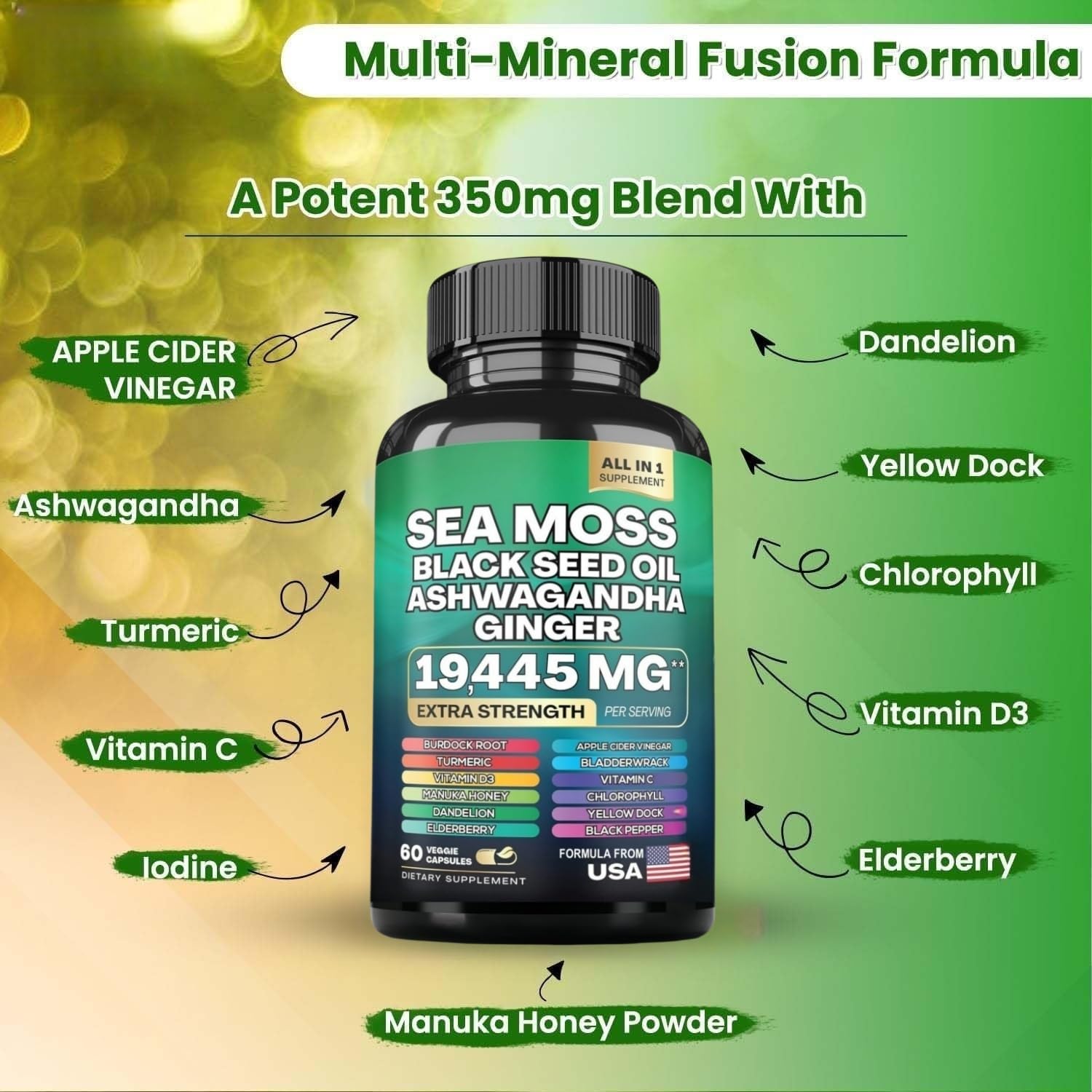 HealthyFinds Sea Moss Black Seed Oil Ashwagandha Ginger Capsules with Turmeric Bladderwrack Burdock & Vitamin C Vitamin D3 with Elderberry Manuka Dandelion Yellow Dock Iodine Chlorophyll ACV HealthyFindsAu supplements