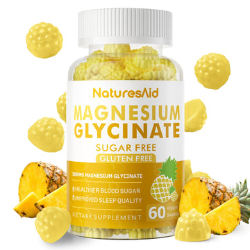 Magnesium Glycinate Gummies 1000mg - Sugar Free Magnesium Potassium Supplement with Vitamin D, B6, CoQ10 for Calm Mood & Sleep Support - 60 Pineapple Gummies -1 Pack Natures AidAu supplements