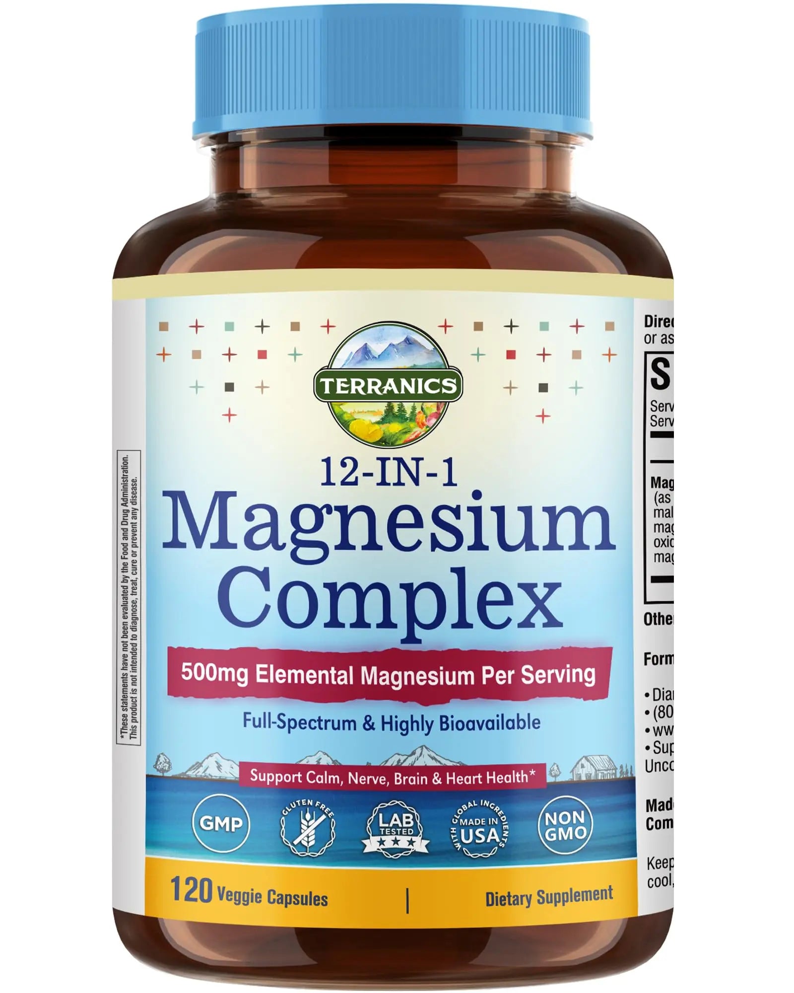 Terranics 12-in-1 Magnesium Complex 500mg, High Absorption Chelated Magnesium Glycinate, Citrate, Malate, Taurate, Orotate & More, for Sleep, Calm, Energy, Heart, Vegan, Non-GMO,120 Capsules TerranicsAu supplements
