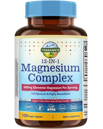 Terranics 12-in-1 Magnesium Complex 500mg, High Absorption Chelated Magnesium Glycinate, Citrate, Malate, Taurate, Orotate & More, for Sleep, Calm, Energy, Heart, Vegan, Non-GMO,120 Capsules TerranicsAu supplements