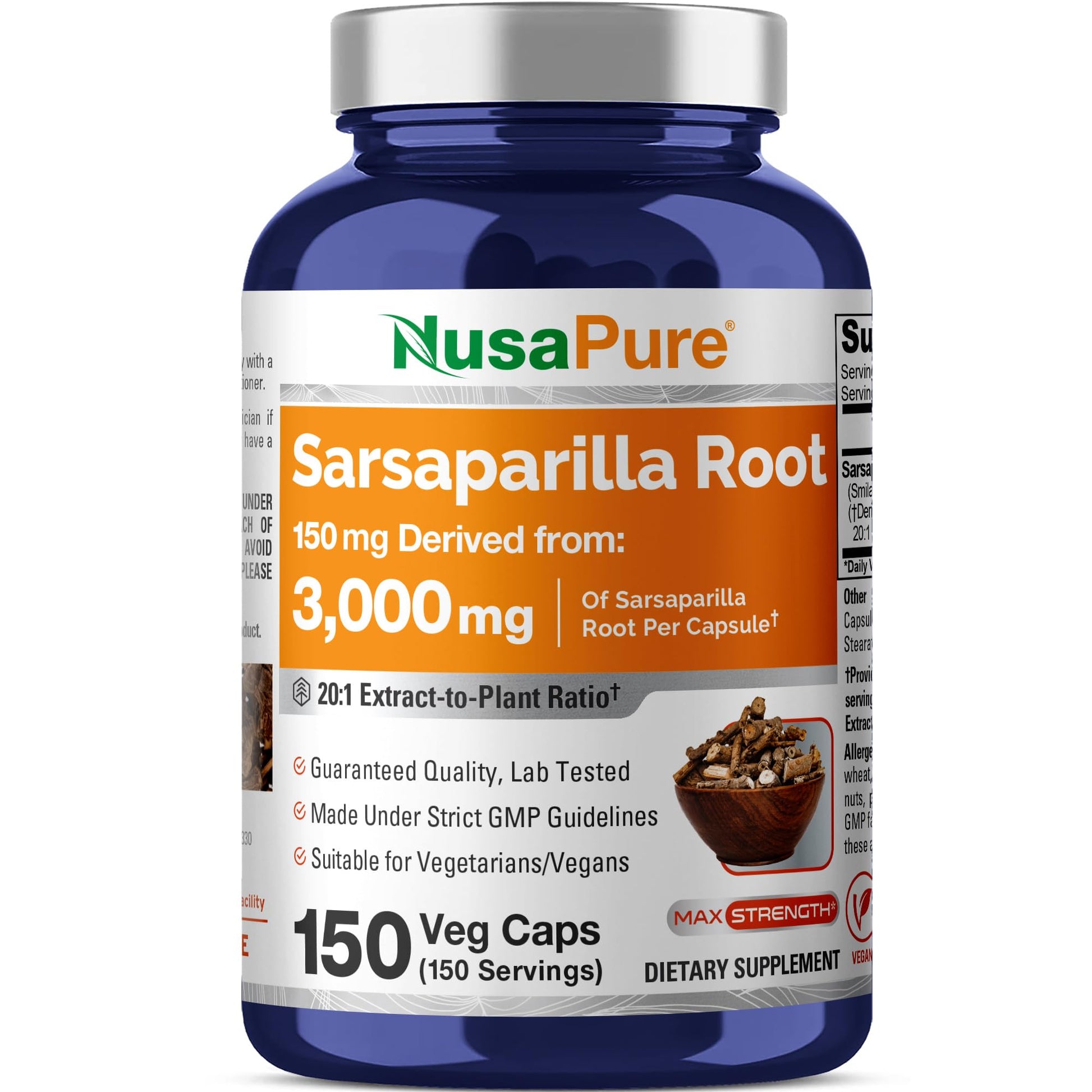 NusaPure Sarsaparilla Root 20:1 Extract - Suitable for Vegetarian/Vegan, Non - GMO - 3000 mg - 150 Capsules NusaPureAu supplements