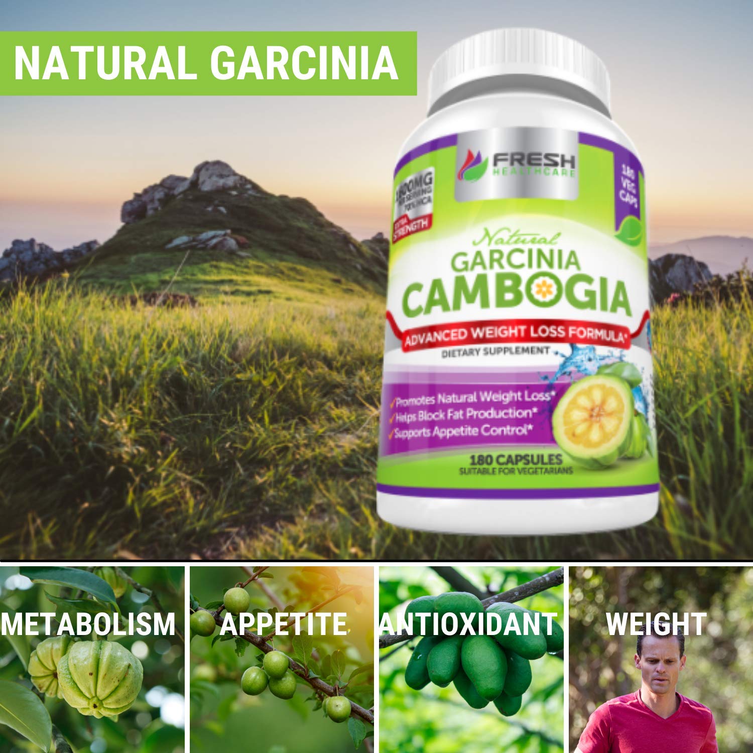 Fresh Healthcare 100% Pure Garcinia Cambogia Extract - All Natural Appetite Suppressant FRESH HEALTHCAREUS supplements