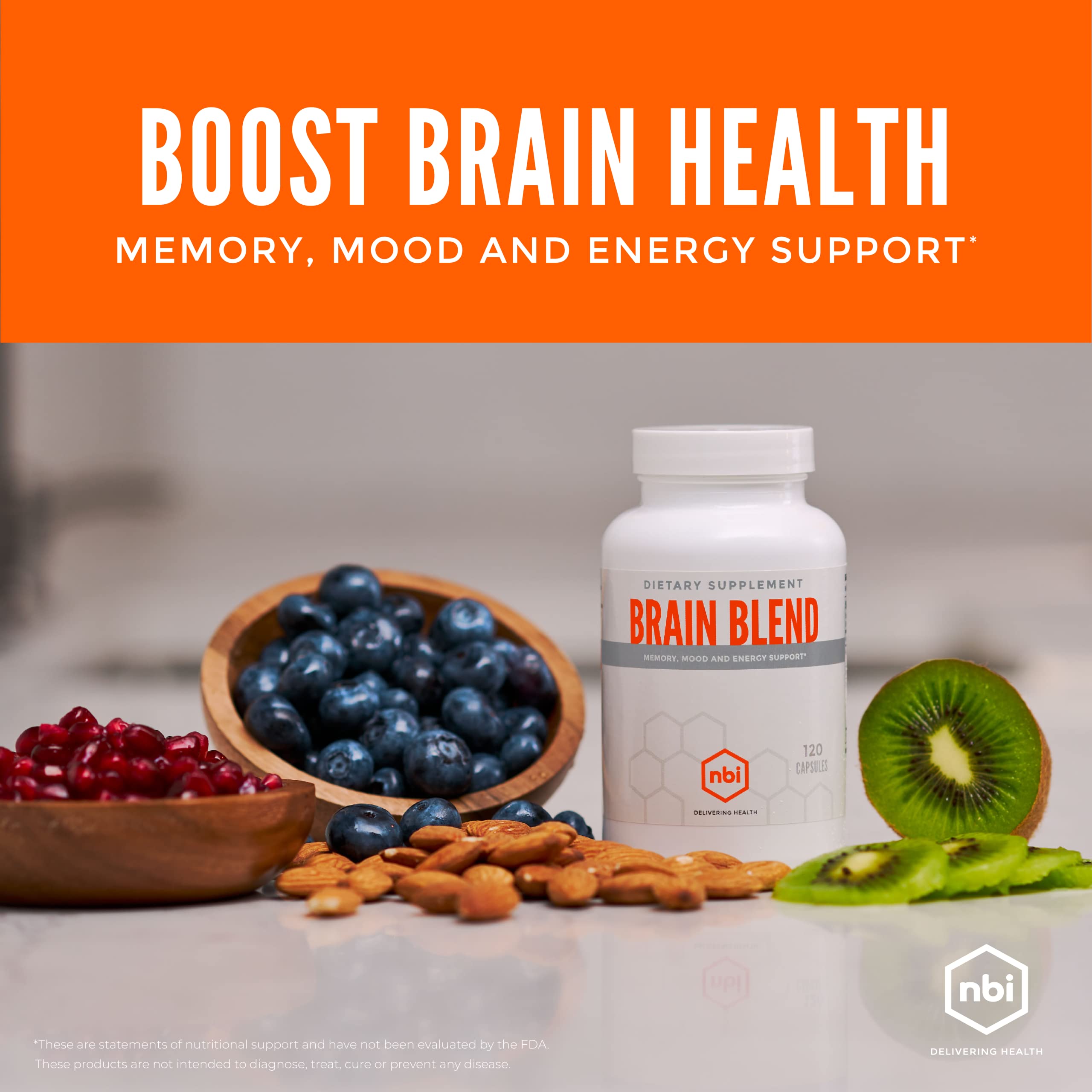 NBI Brain Blend for Memory, Focus, Concentration, Cognitive Function for Men & Women | Caffeine-Free with ALCAR, Alpha Lipoic Acid, Huperzine A, Turmeric | Nootropic | 120ct Capsules NBIAu supplements