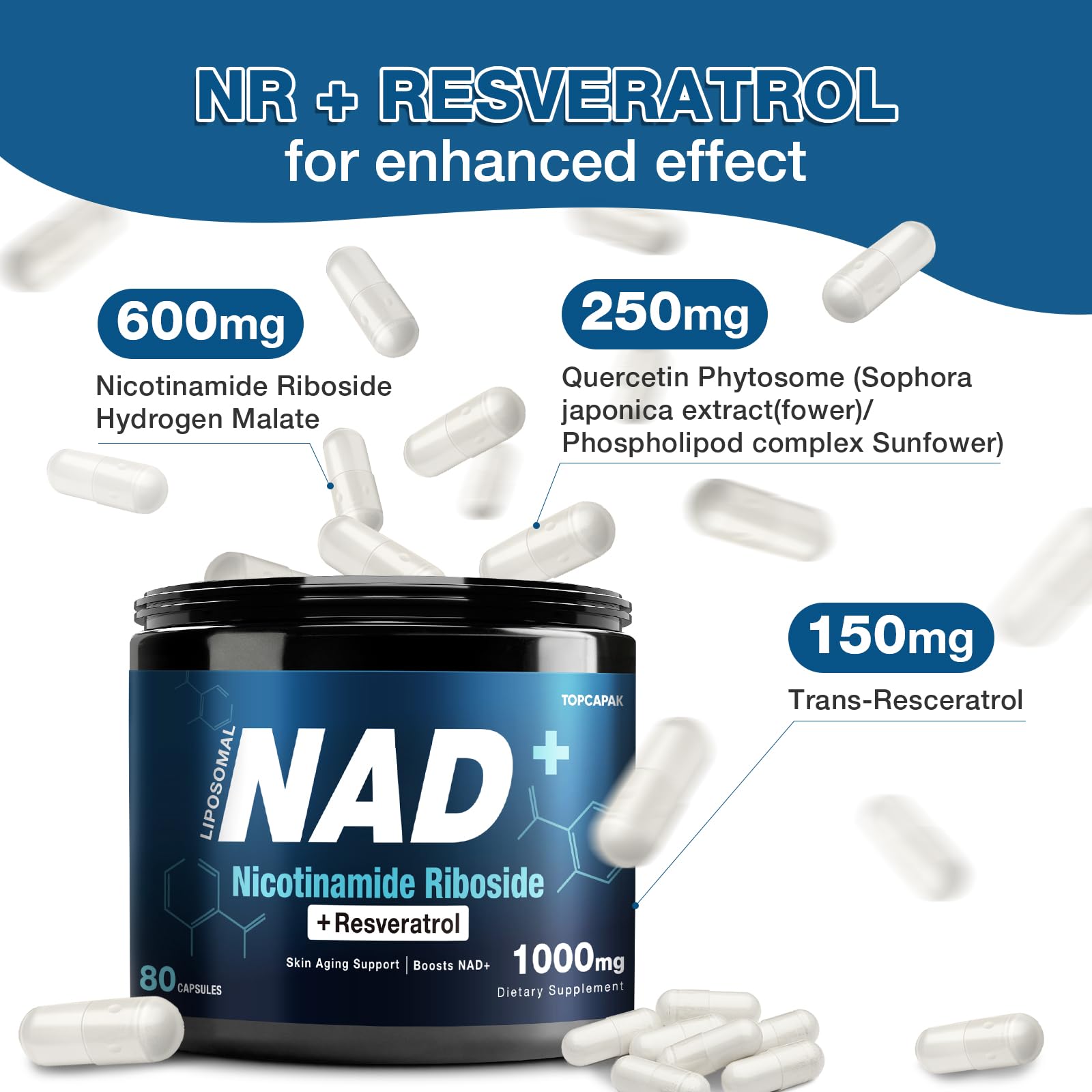 NAD+ Supplement 1000mg - Nicotinamide Riboside (NR) and Resveratrol, Liposomal NAD of Pure Organic Ingredients for Women & Men Healthy Aging, Brain and Cellular Energy, 80 Capsules TOPCAPAKAu supplements